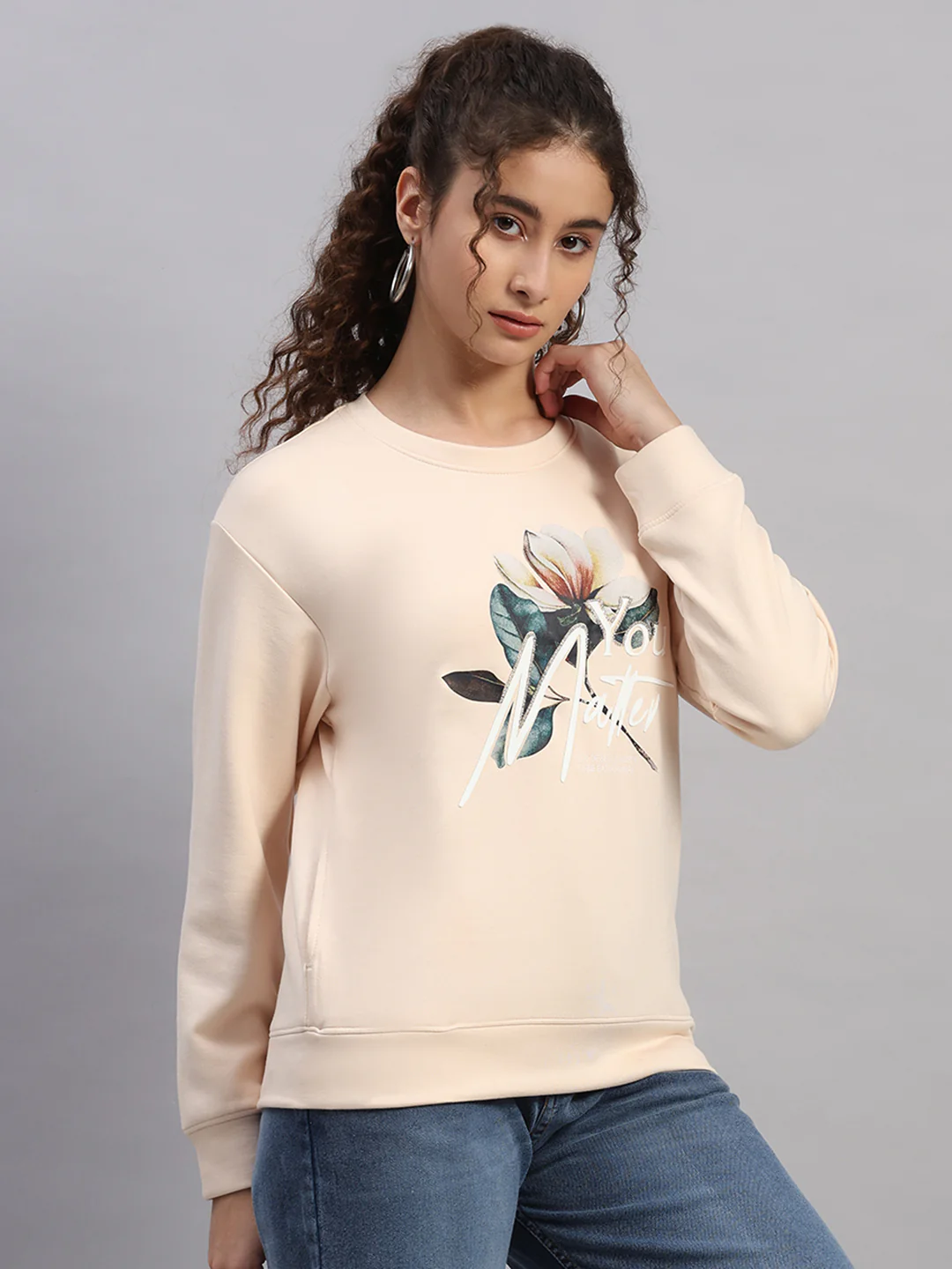 Women Peach Printed Round Neck Full Sleeve Sweatshirt - Image 4
