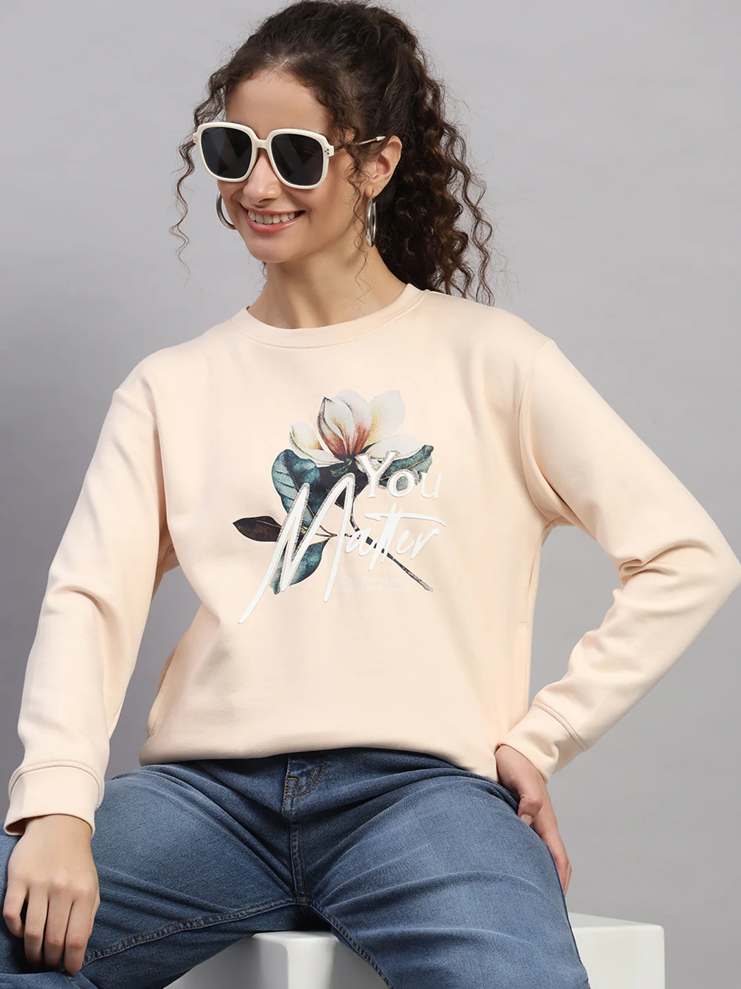 Women Peach Printed Round Neck Full Sleeve Sweatshirt - Image 6