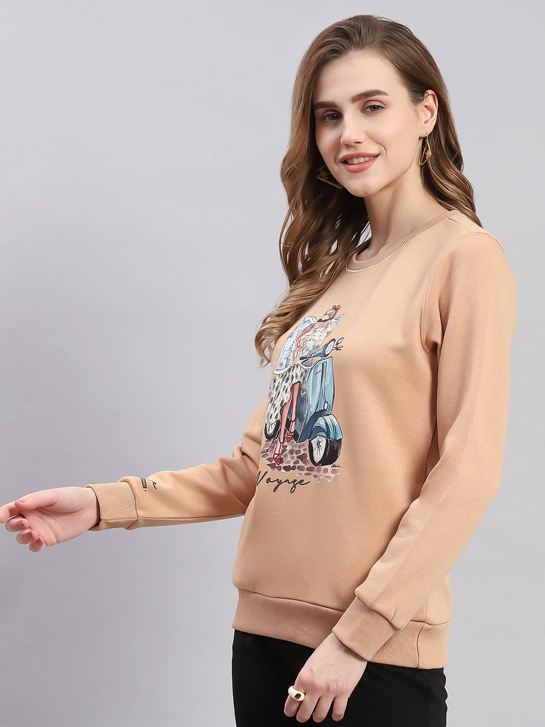 Women Peach Printed Round Neck Full Sleeve Sweatshirts - Image 3