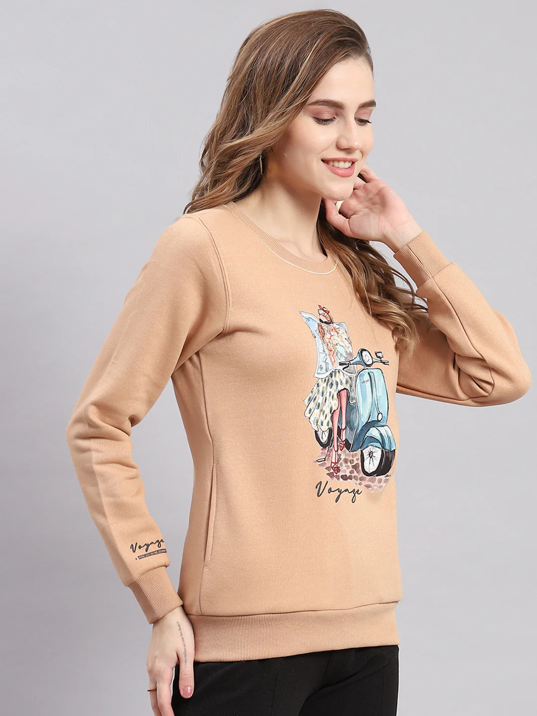 Women Peach Printed Round Neck Full Sleeve Sweatshirts - Image 4