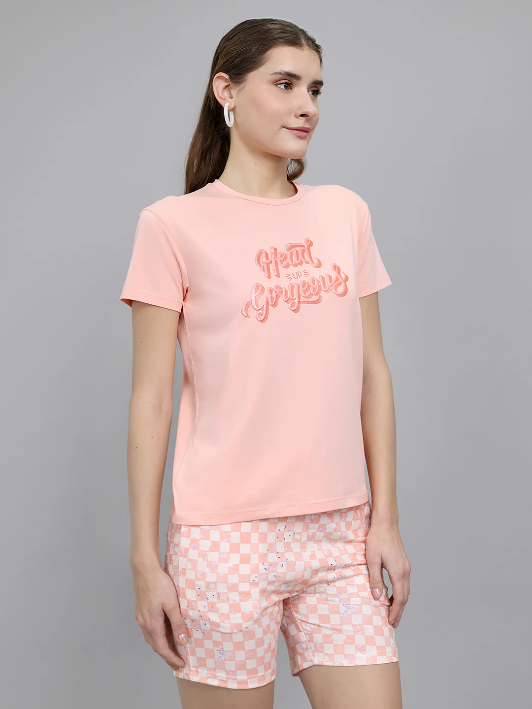 Women Peach Printed Round Neck Half Sleeve Combo 3Pc Set (Top, Shorts & Lower) - Image 10