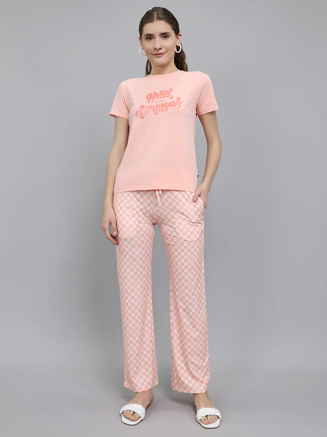 Women Peach Printed Round Neck Half Sleeve Combo 3Pc Set (Top, Shorts & Lower) - Image 2