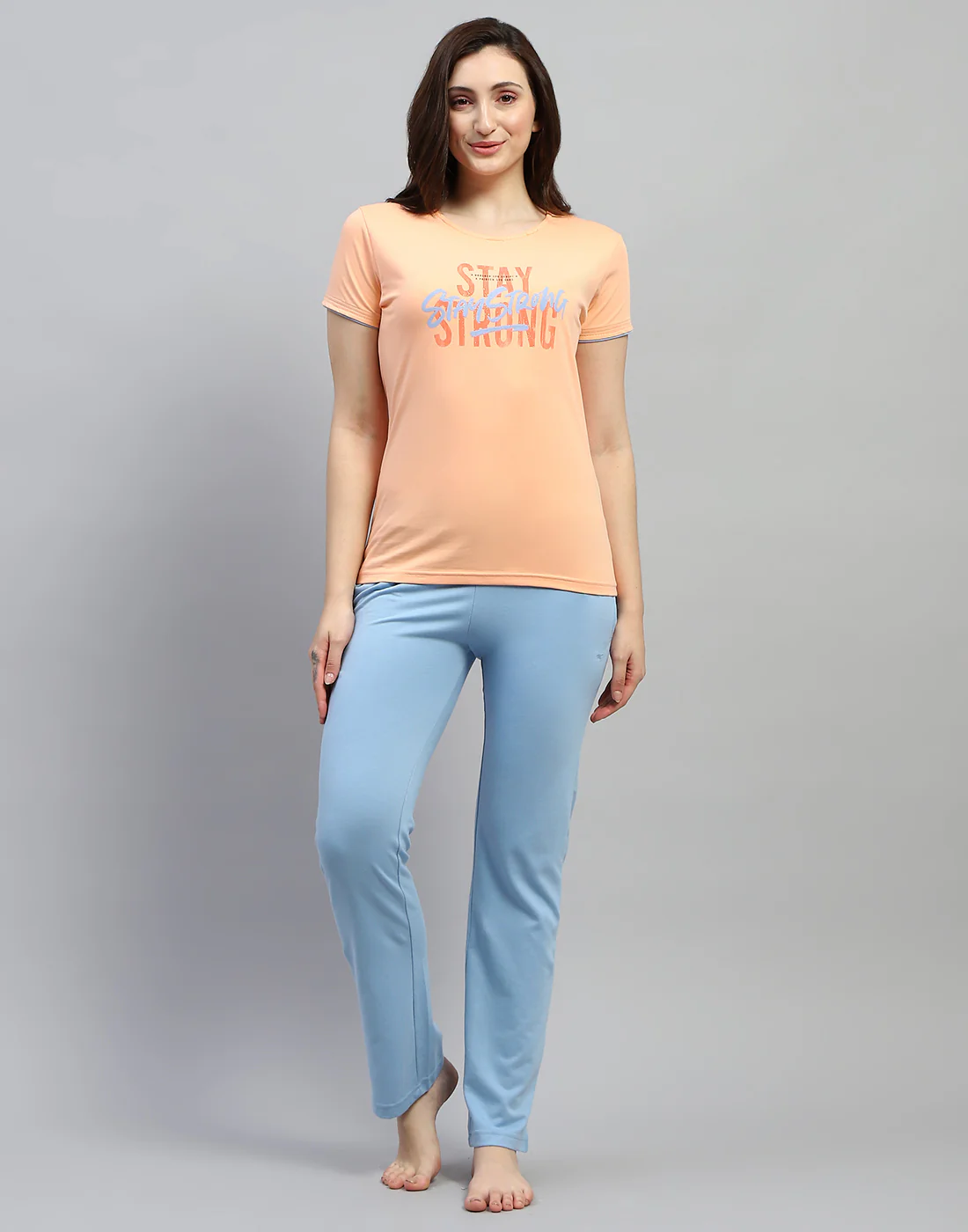 Women Peach Printed Round Neck Half Sleeve Lower Set - Image 2