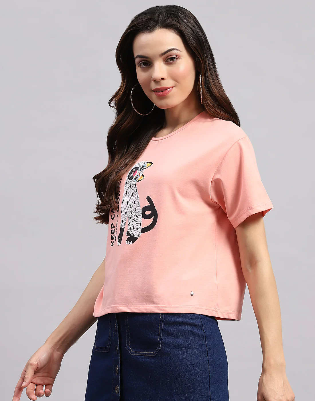Women Peach Printed Round Neck Half Sleeve Top - Image 3