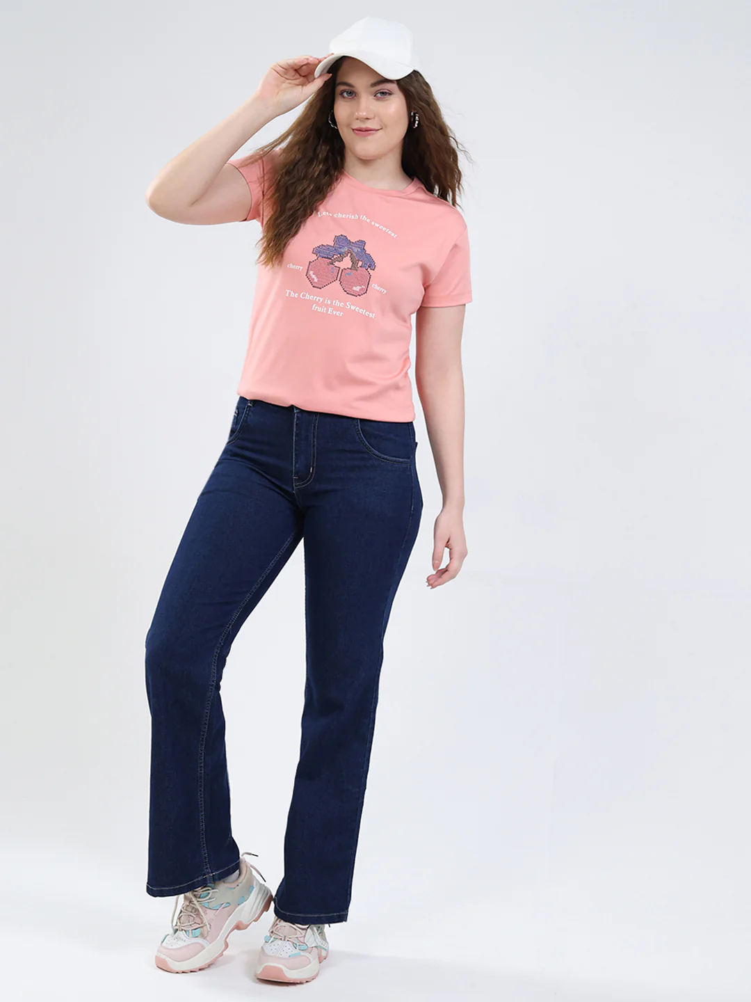 Women Peach Printed Round Neck Half Sleeve Top - Image 2
