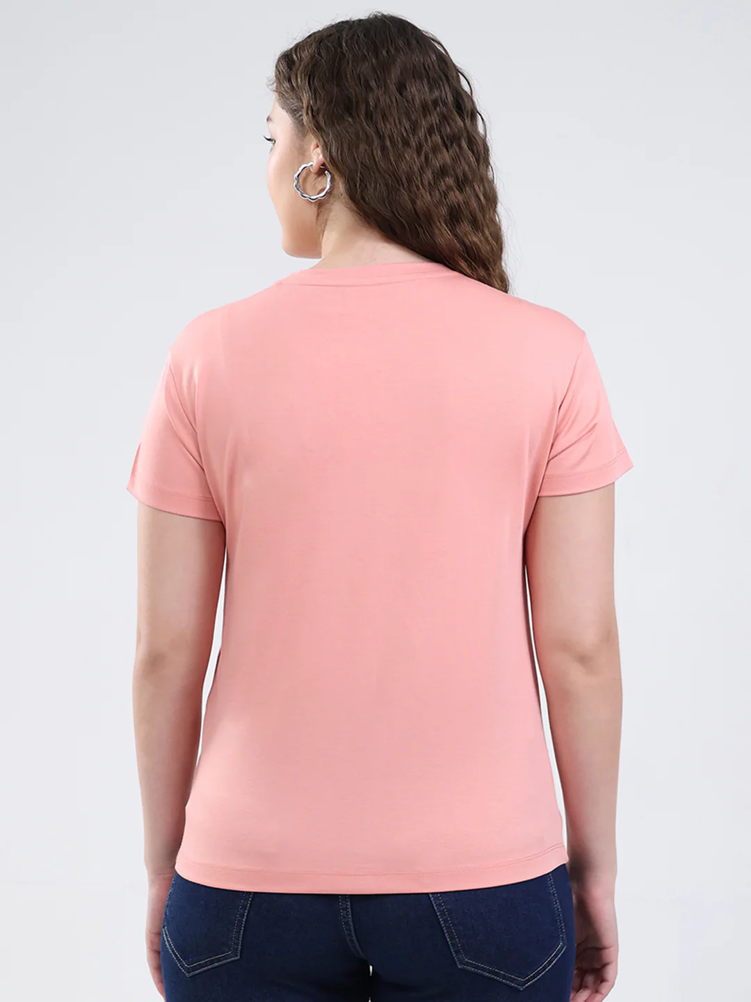 Women Peach Printed Round Neck Half Sleeve Top - Image 5