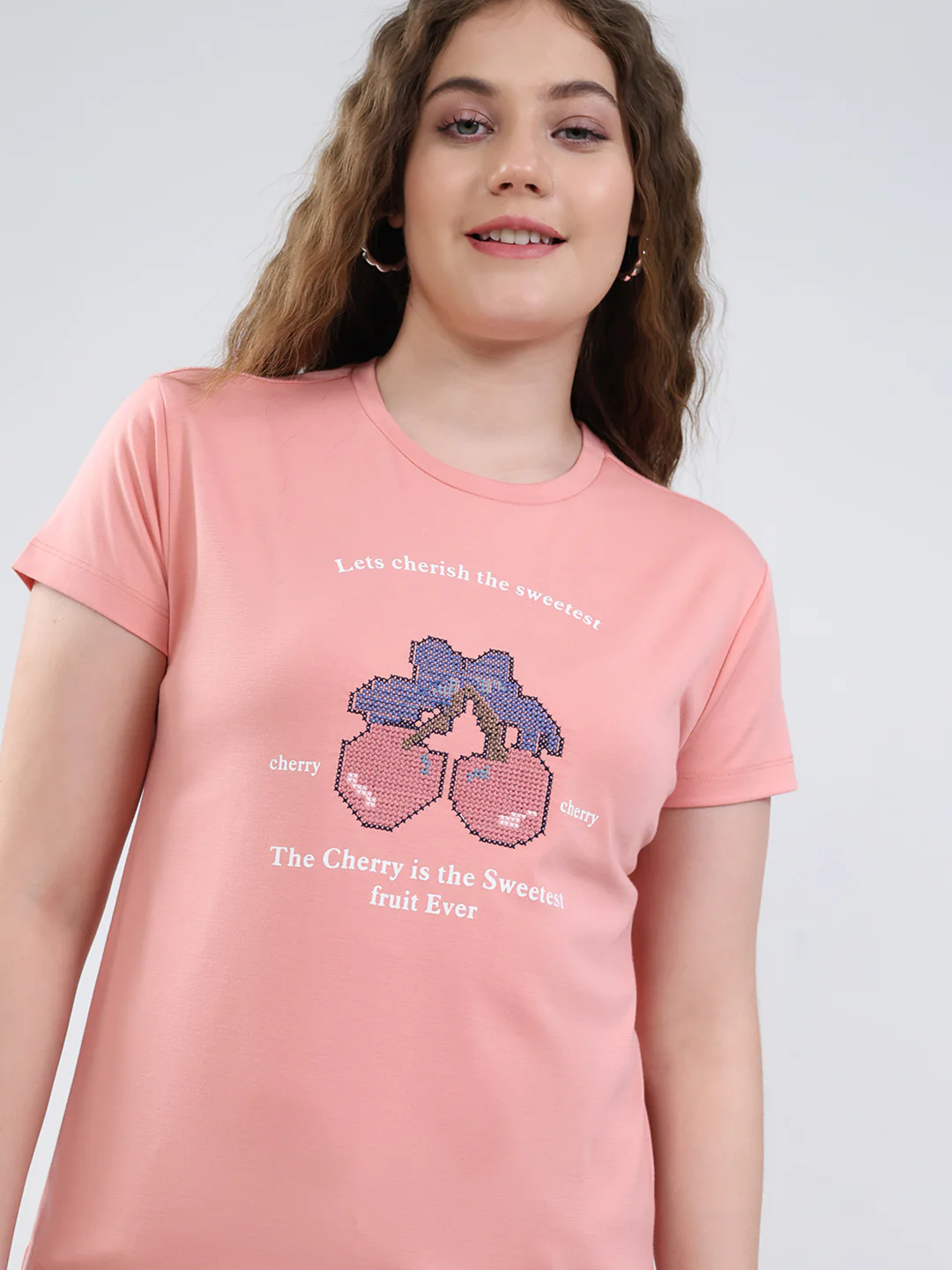 Women Peach Printed Round Neck Half Sleeve Top - Image 7