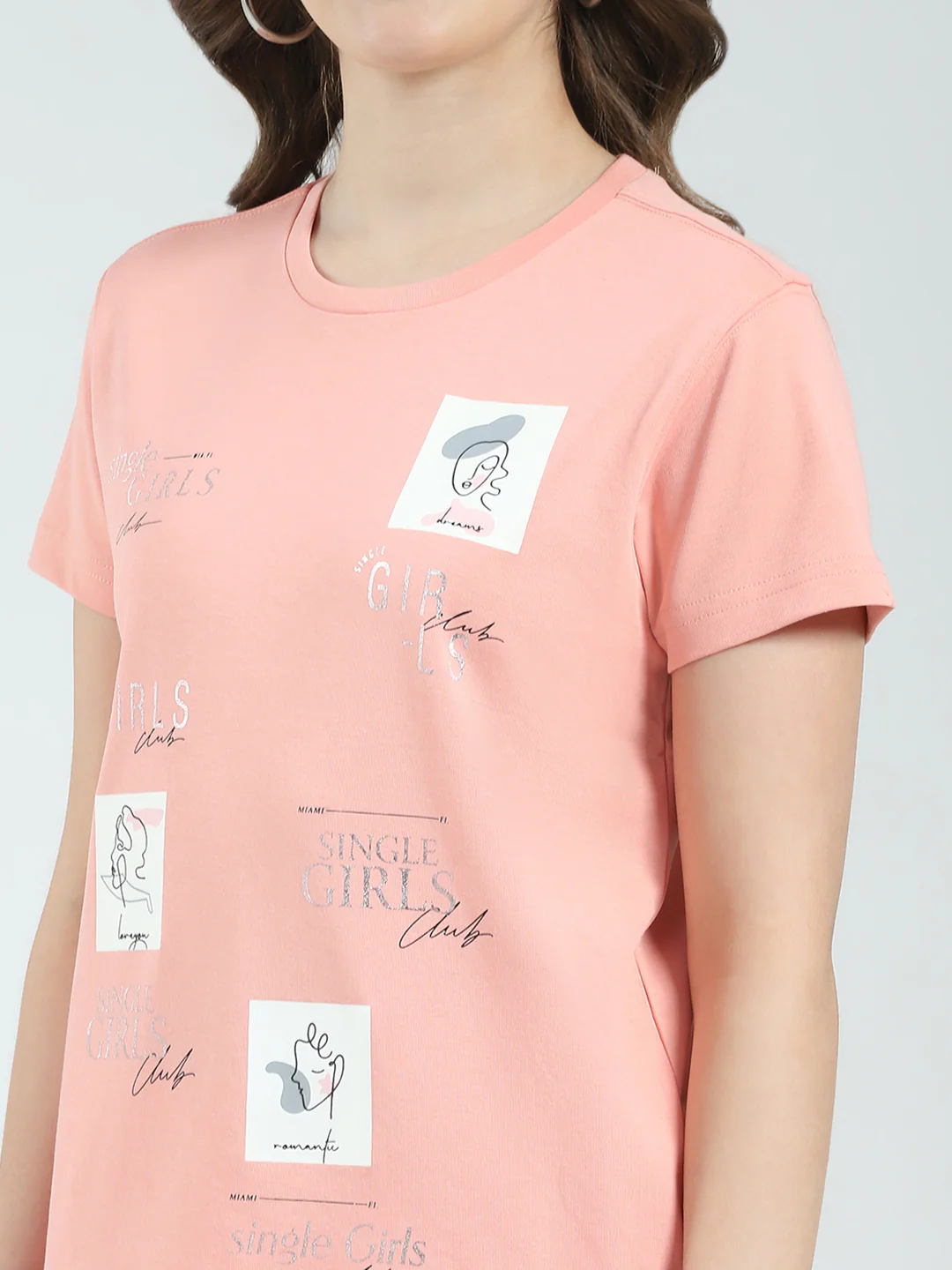 Women Peach Printed Round Neck Half Sleeve Top - Image 6