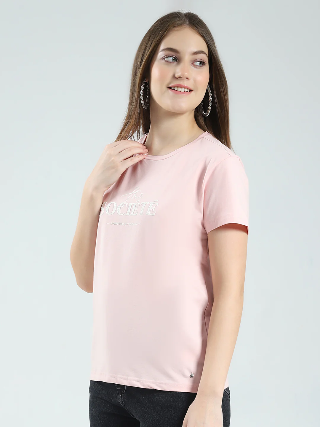 Women Peach Printed Round Neck Half Sleeve Top - Image 3