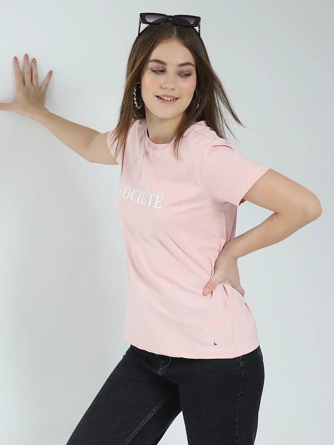 Women Peach Printed Round Neck Half Sleeve Top - Image 6