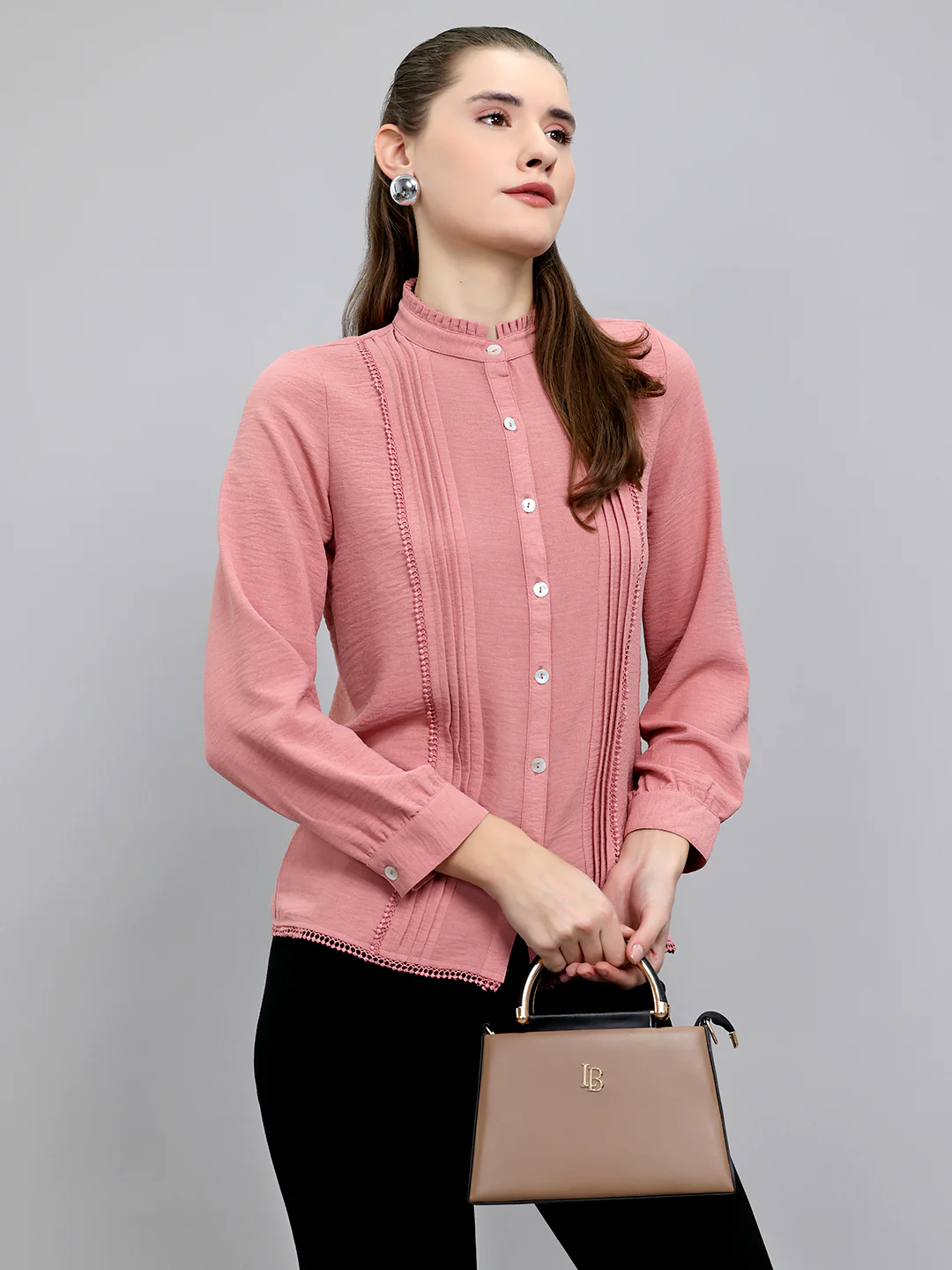 Women Peach Self Design Front Open Full Sleeve Top - Image 4