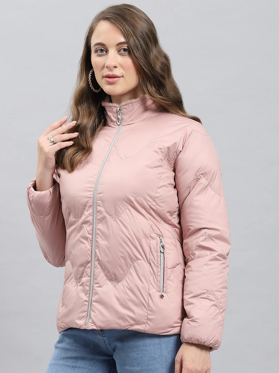 Women Peach Self Design Mock Neck Full Sleeve Jacket - Image 3