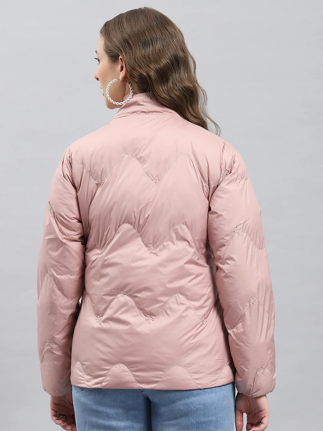 Women Peach Self Design Mock Neck Full Sleeve Jacket - Image 5