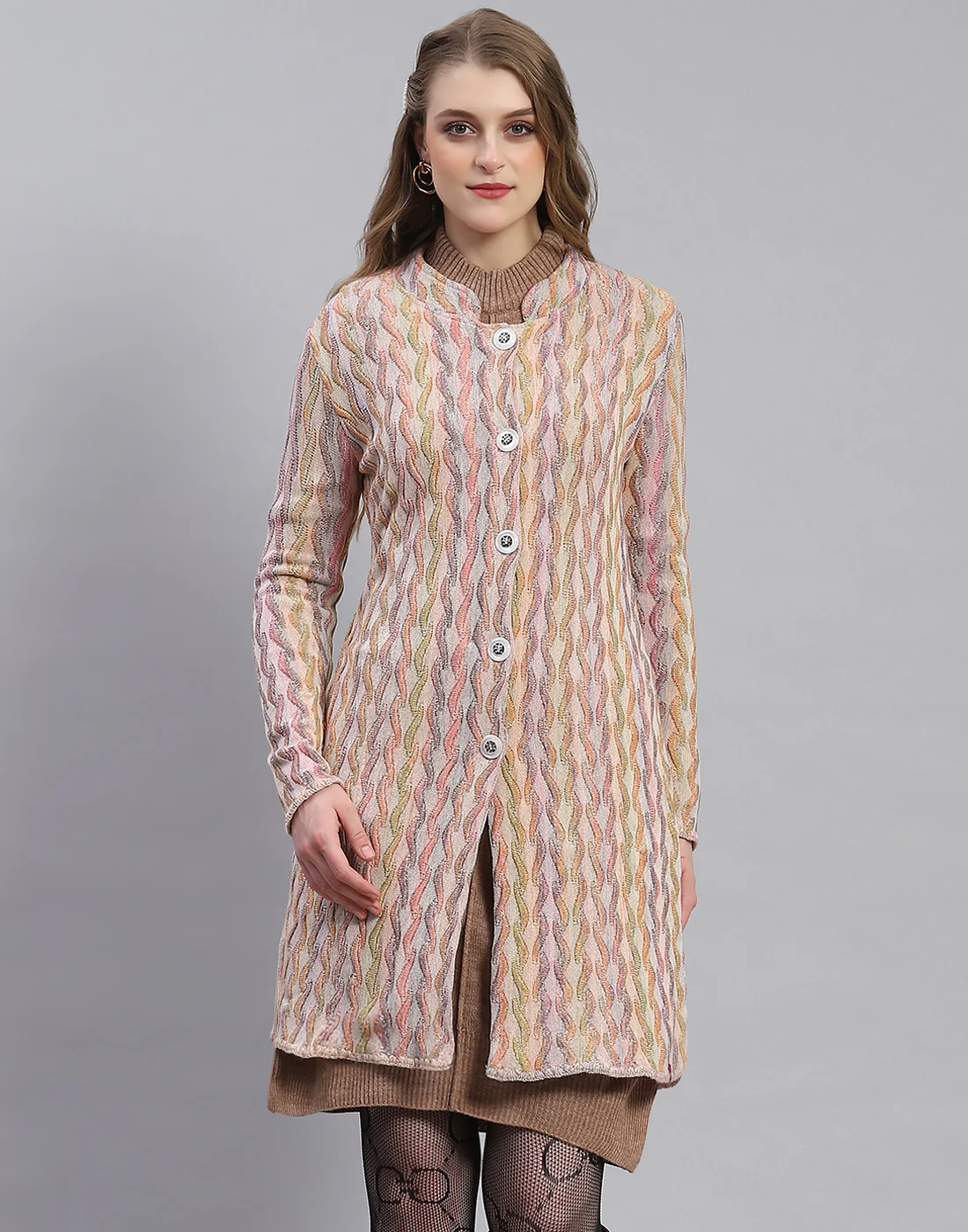 Women Peach Self Design Round Neck Full Sleeve Coat - Image 4