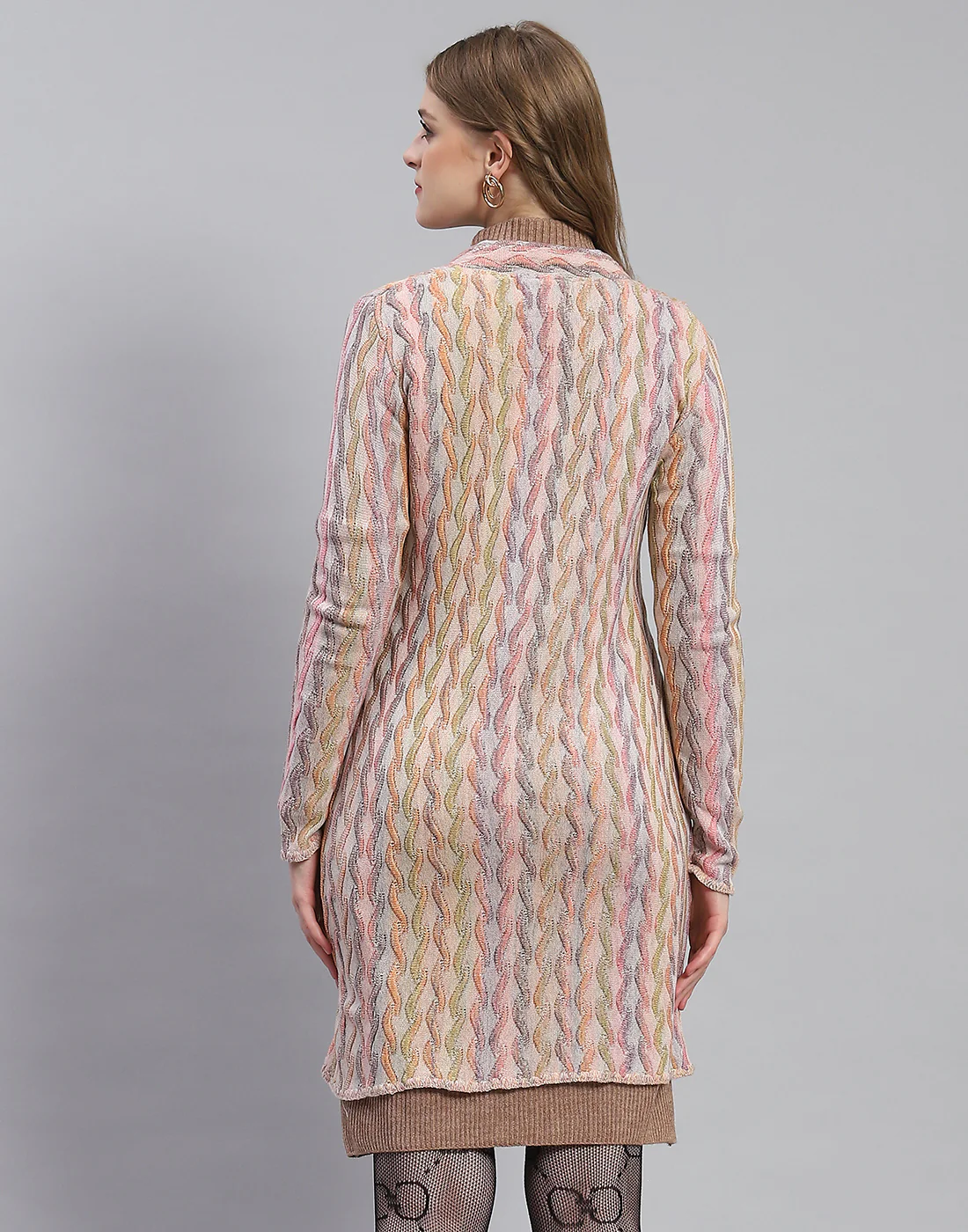 Women Peach Self Design Round Neck Full Sleeve Coat - Image 6
