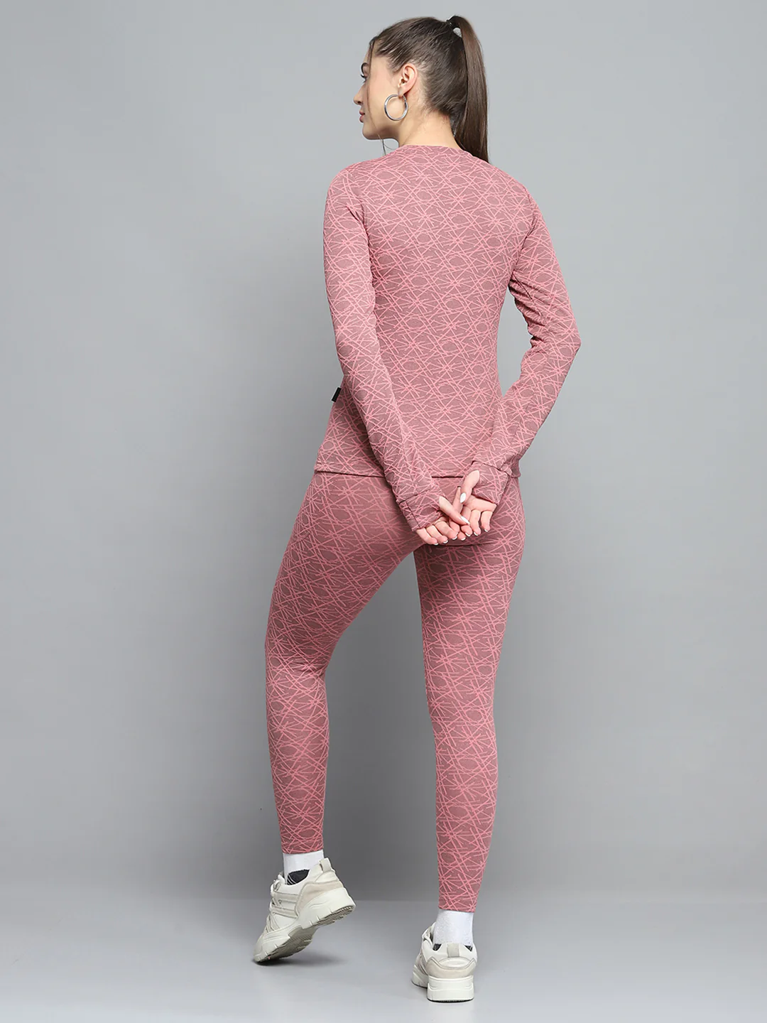Rock.it Women Peach Self Design Round Neck Full Sleeve Tracksuit - Image 5