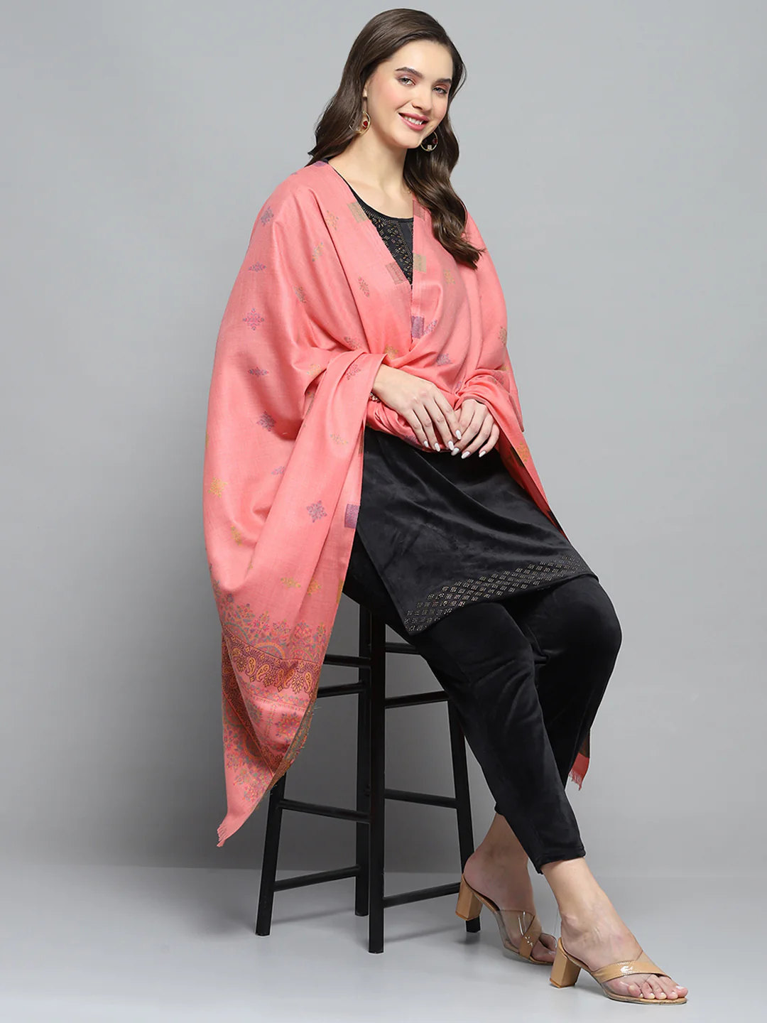 Women Peach Self Design Shawl - Image 2