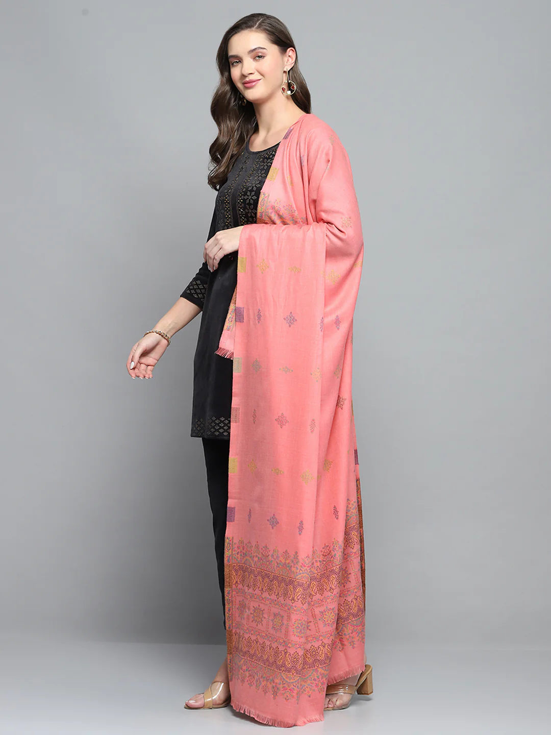 Women Peach Self Design Shawl - Image 3