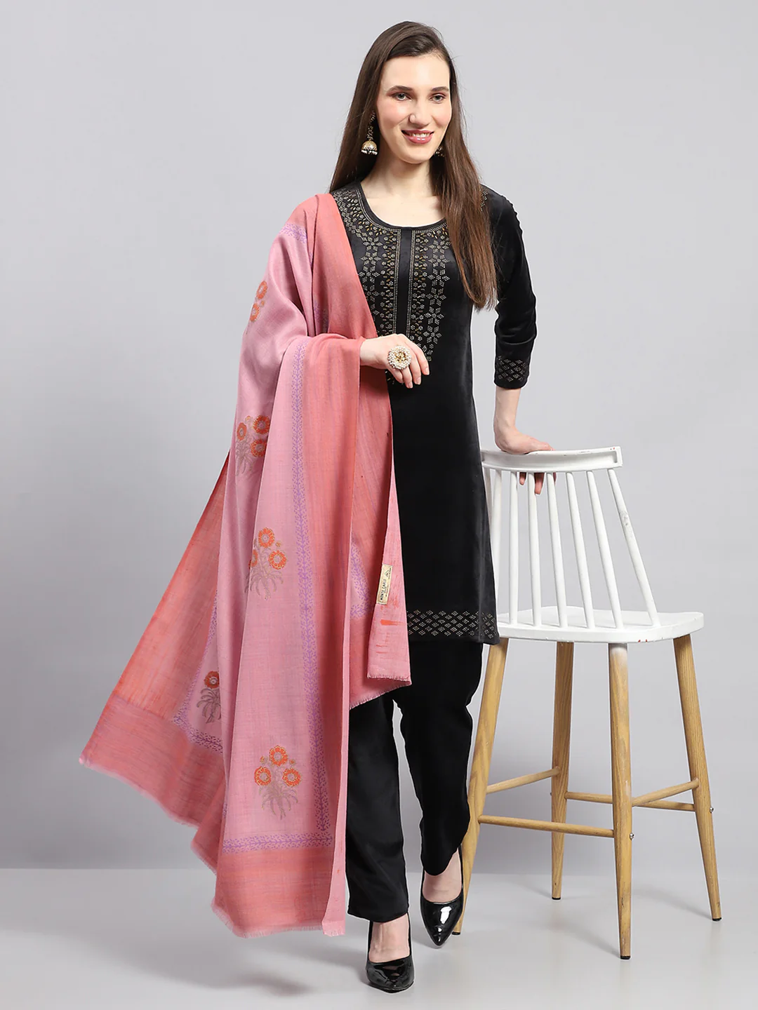 Women Peach Self Design Shawl - Image 5