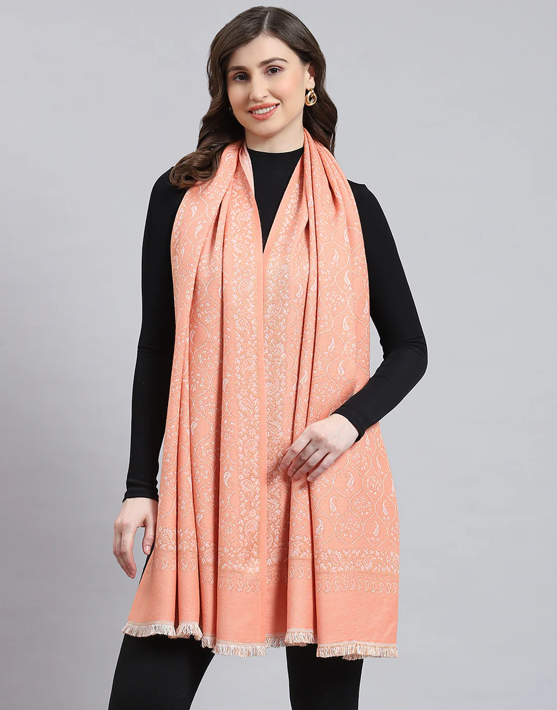 Women Peach Self Design Stole - Image 2