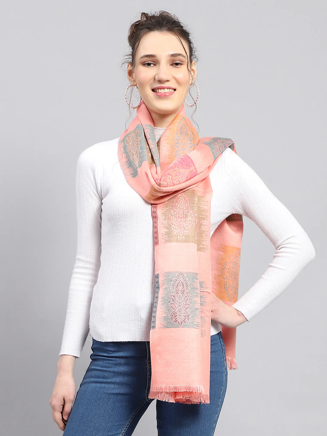 Women Peach Self Design Stole - Image 3