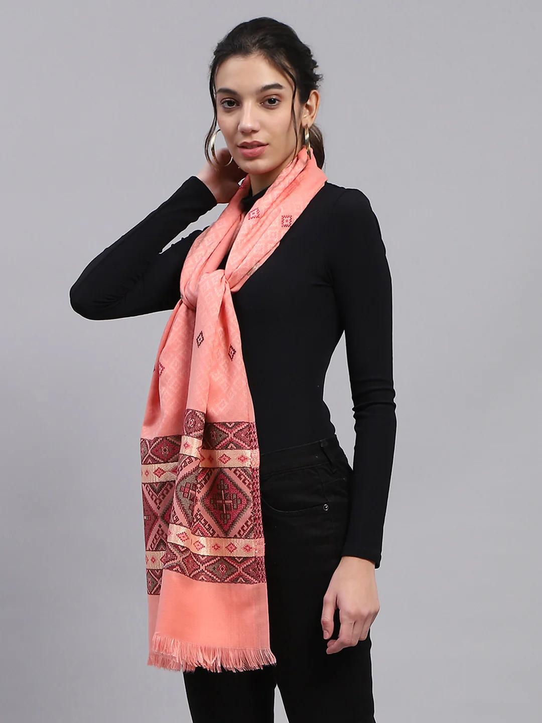 Women Peach Self Design Stole - Image 4