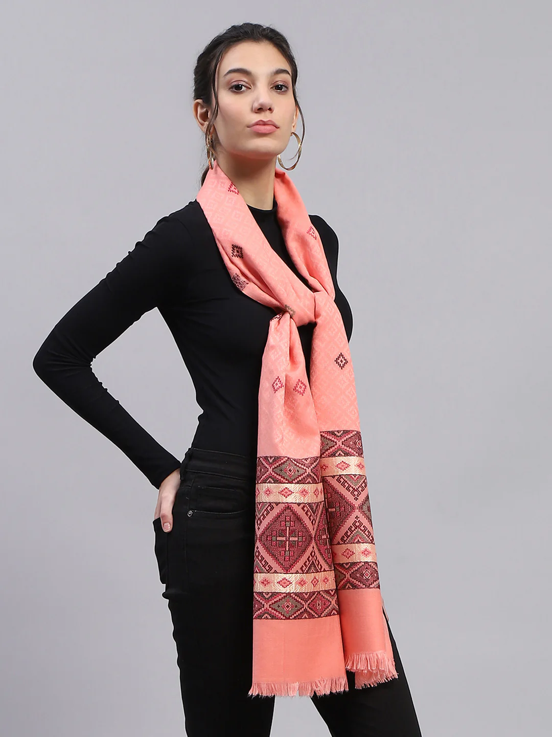 Women Peach Self Design Stole - Image 5