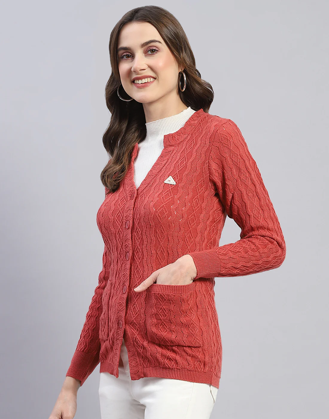 Women Peach Self Design V Neck Full Sleeve Cardigan - Image 3