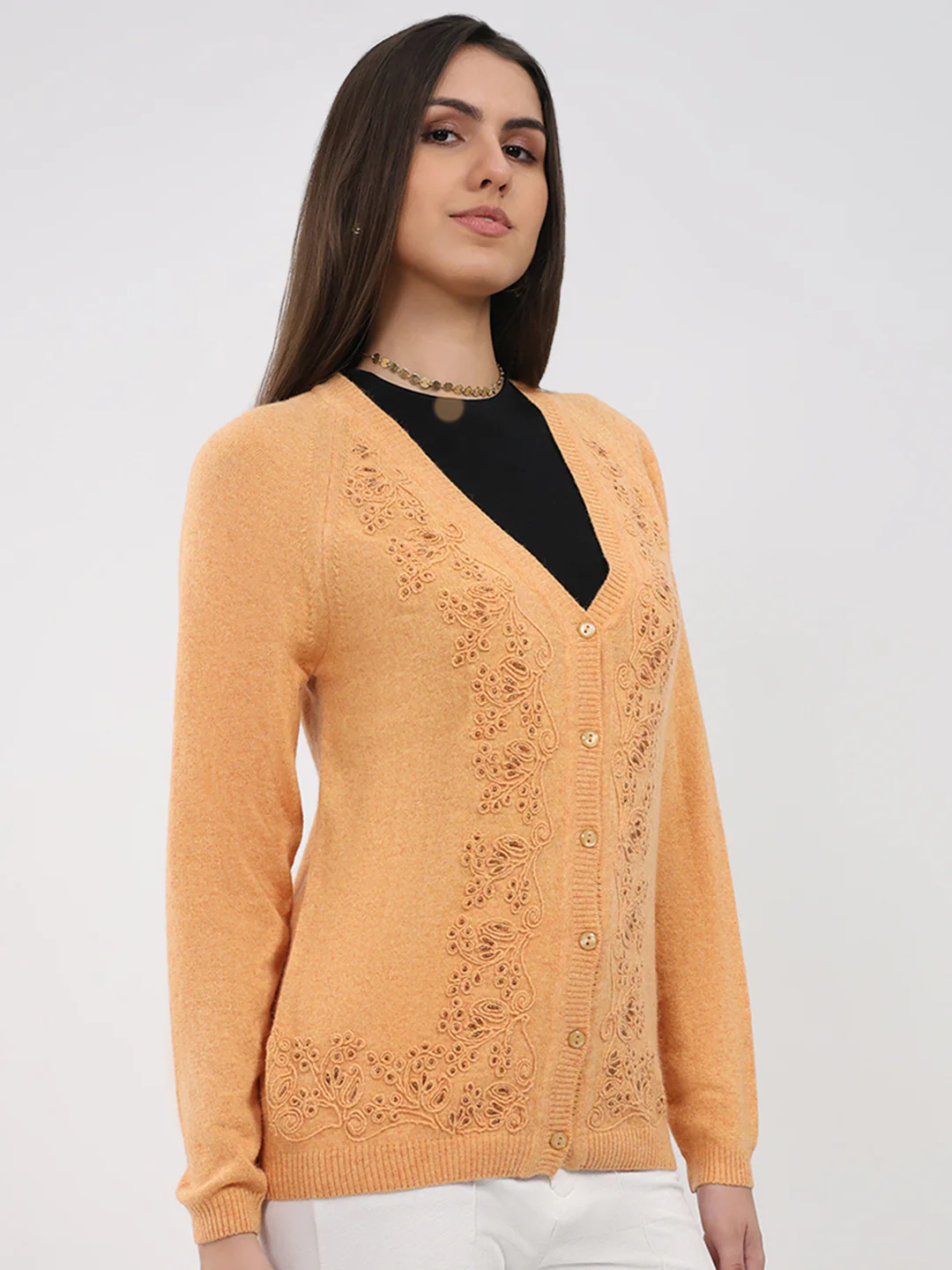 Women Peach Self Design V Neck Full Sleeve Cardigan - Image 4