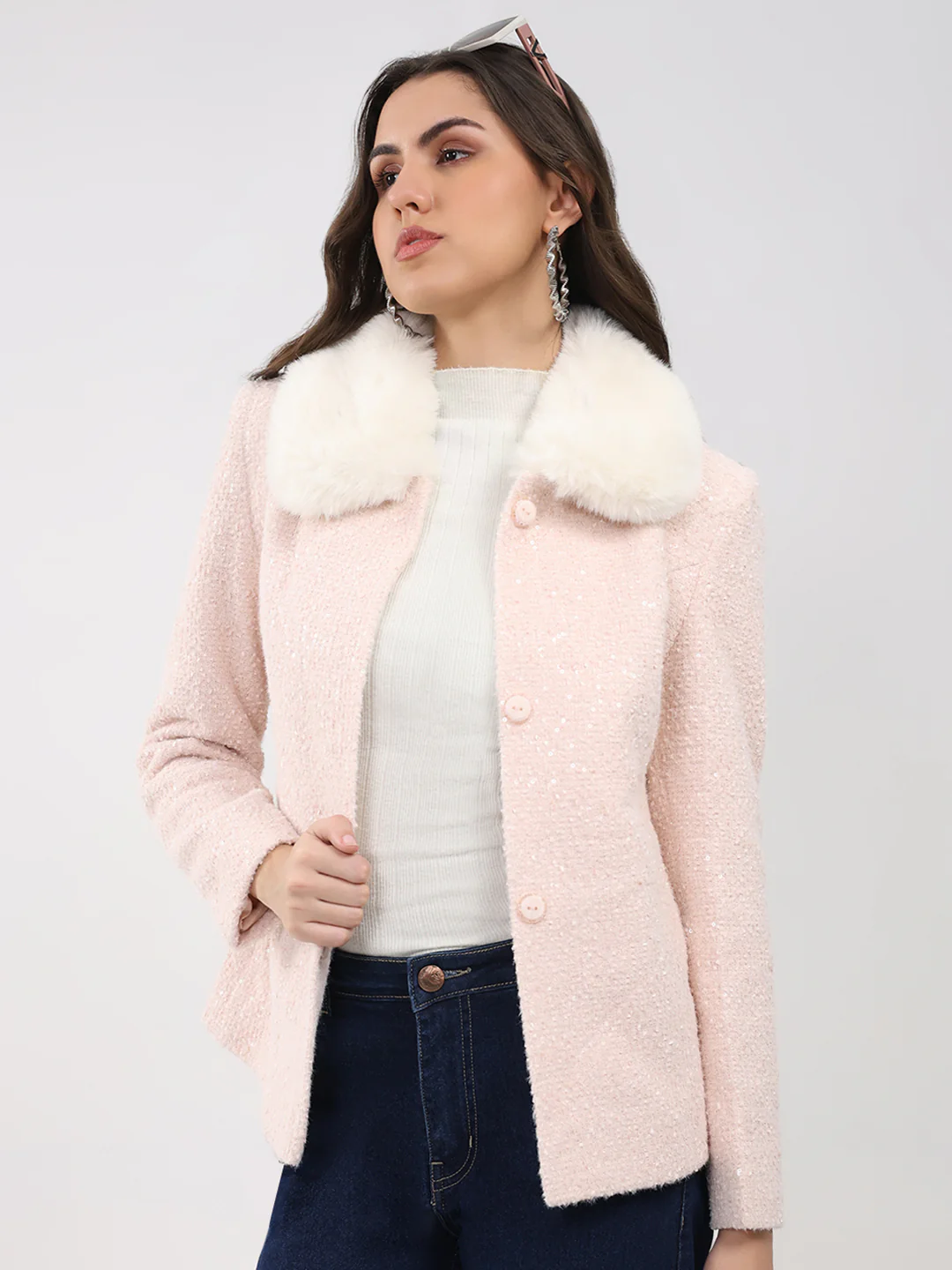 Women Peach Solid Collar Full Sleeve Coat - Image 6