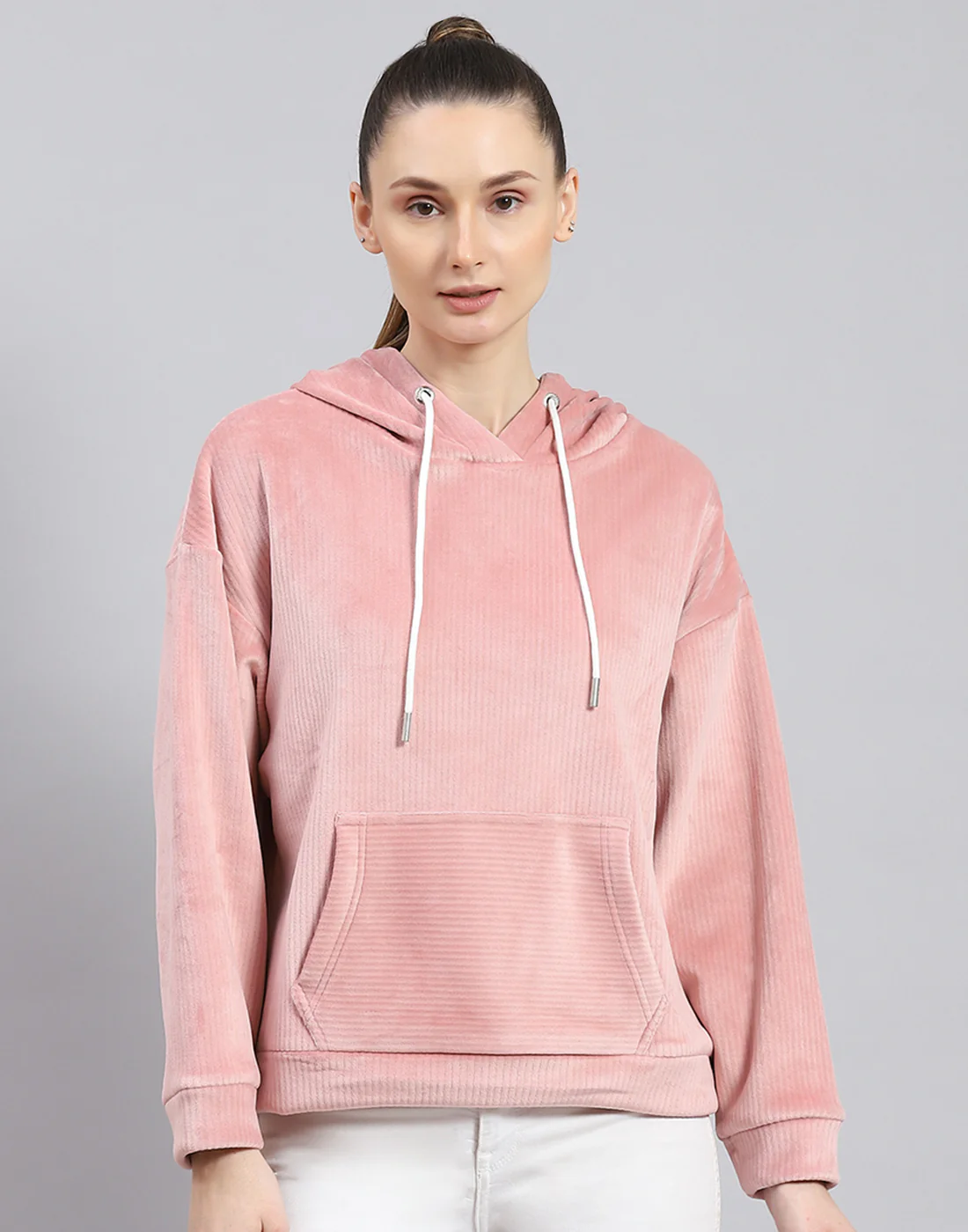 Rock.it Women Peach Solid Hooded Full Sleeve Sweatshirt - Image 2