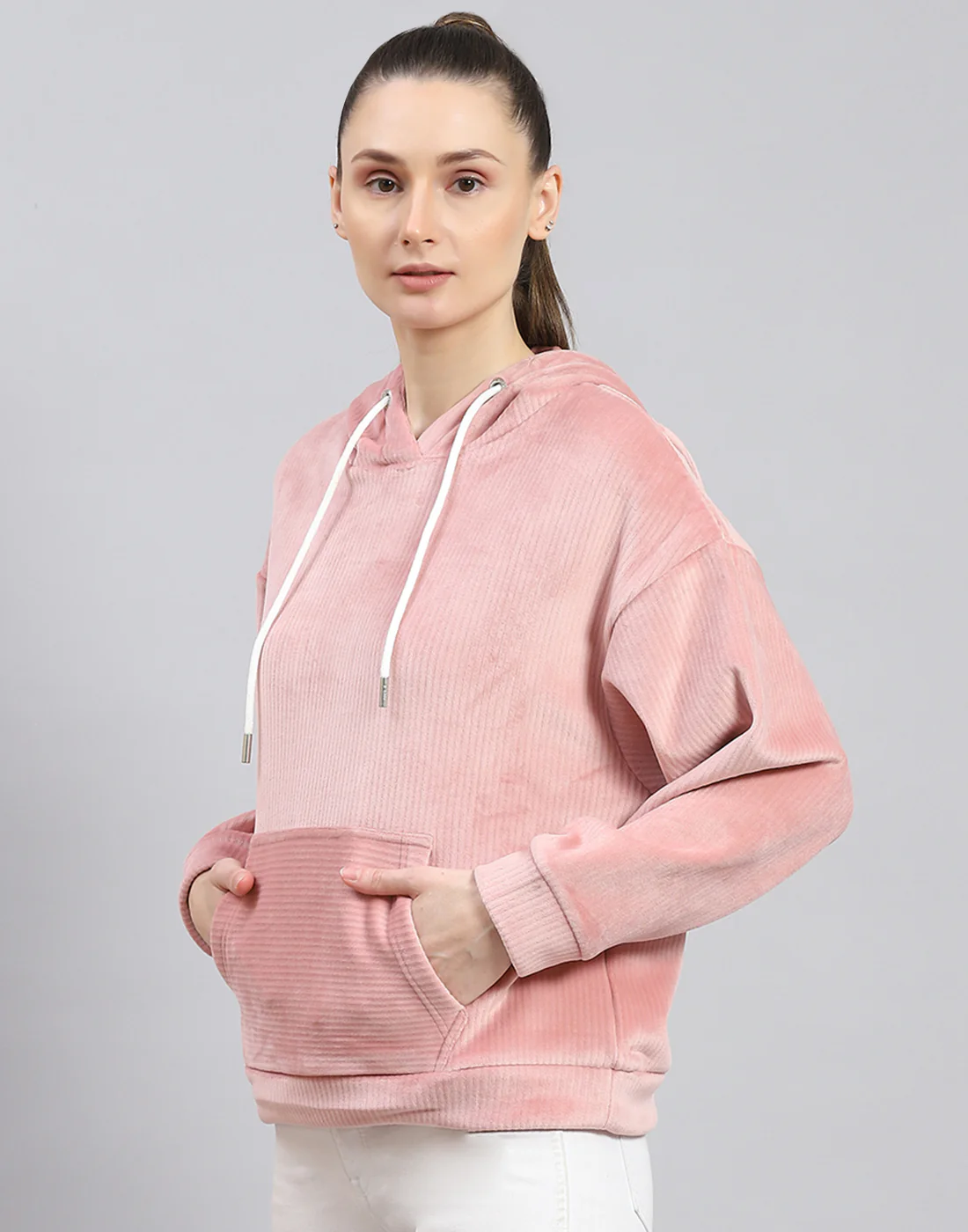 Rock.it Women Peach Solid Hooded Full Sleeve Sweatshirt - Image 3