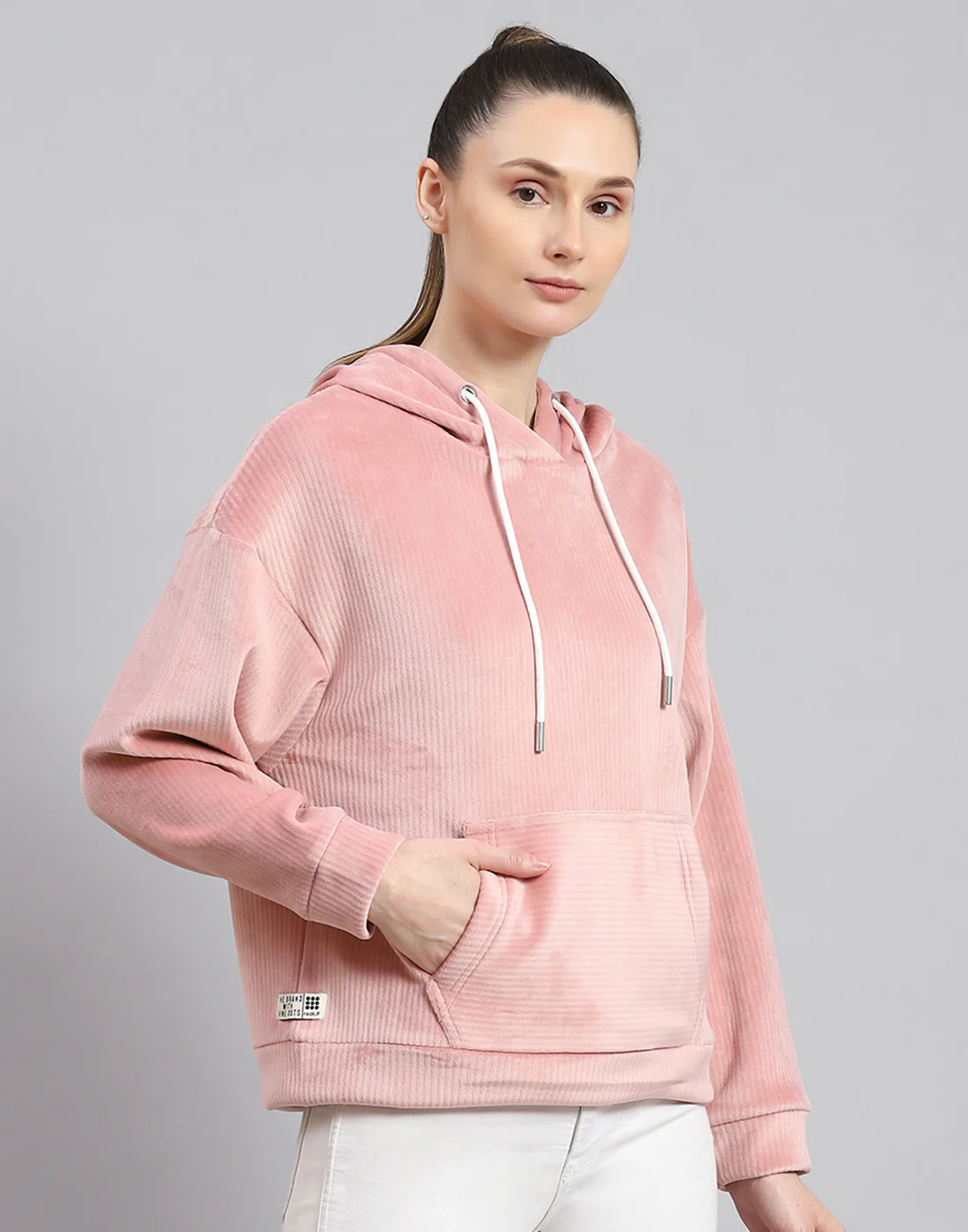 Rock.it Women Peach Solid Hooded Full Sleeve Sweatshirt - Image 4