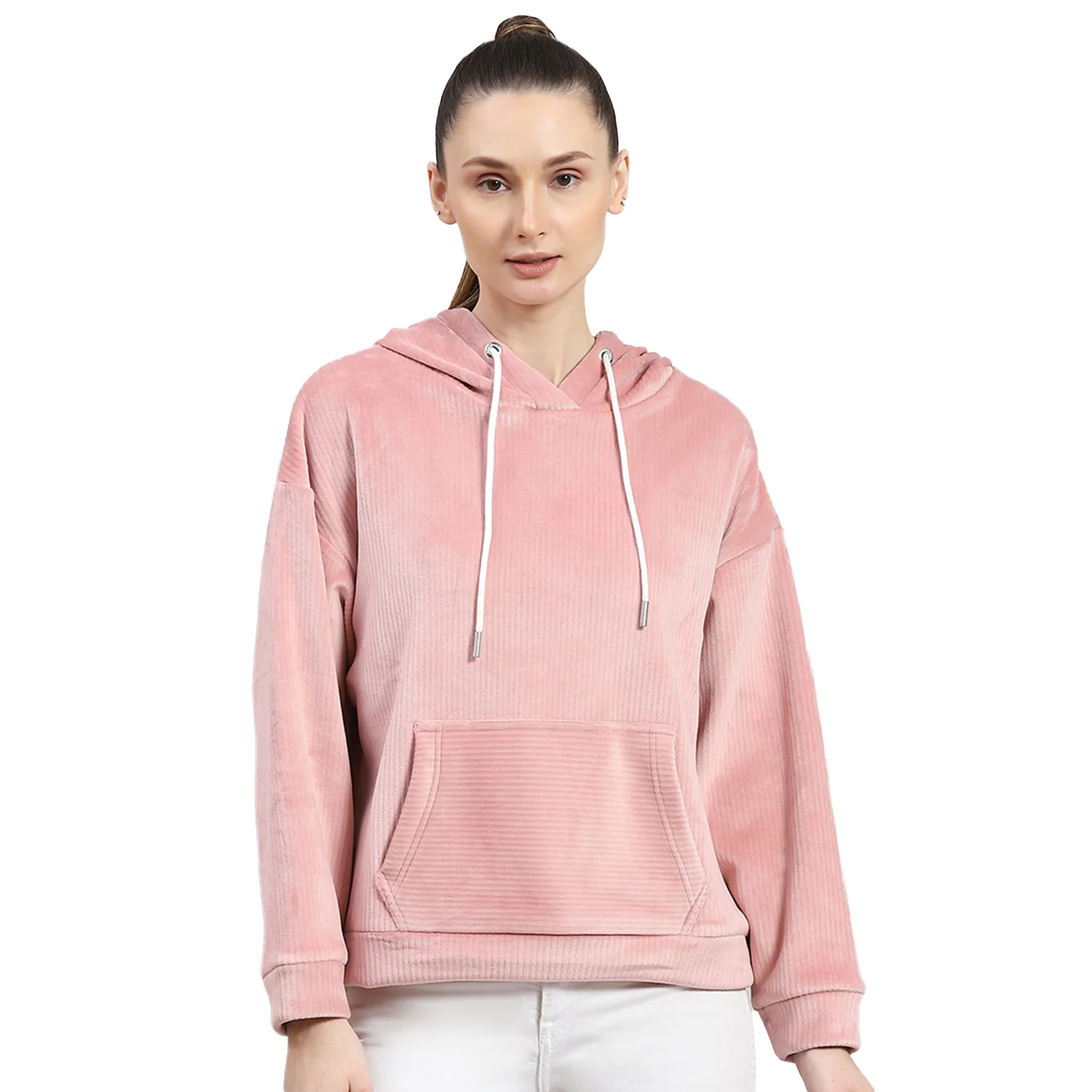 Rock.it Women Peach Solid Hooded Full Sleeve Sweatshirt - Image 5