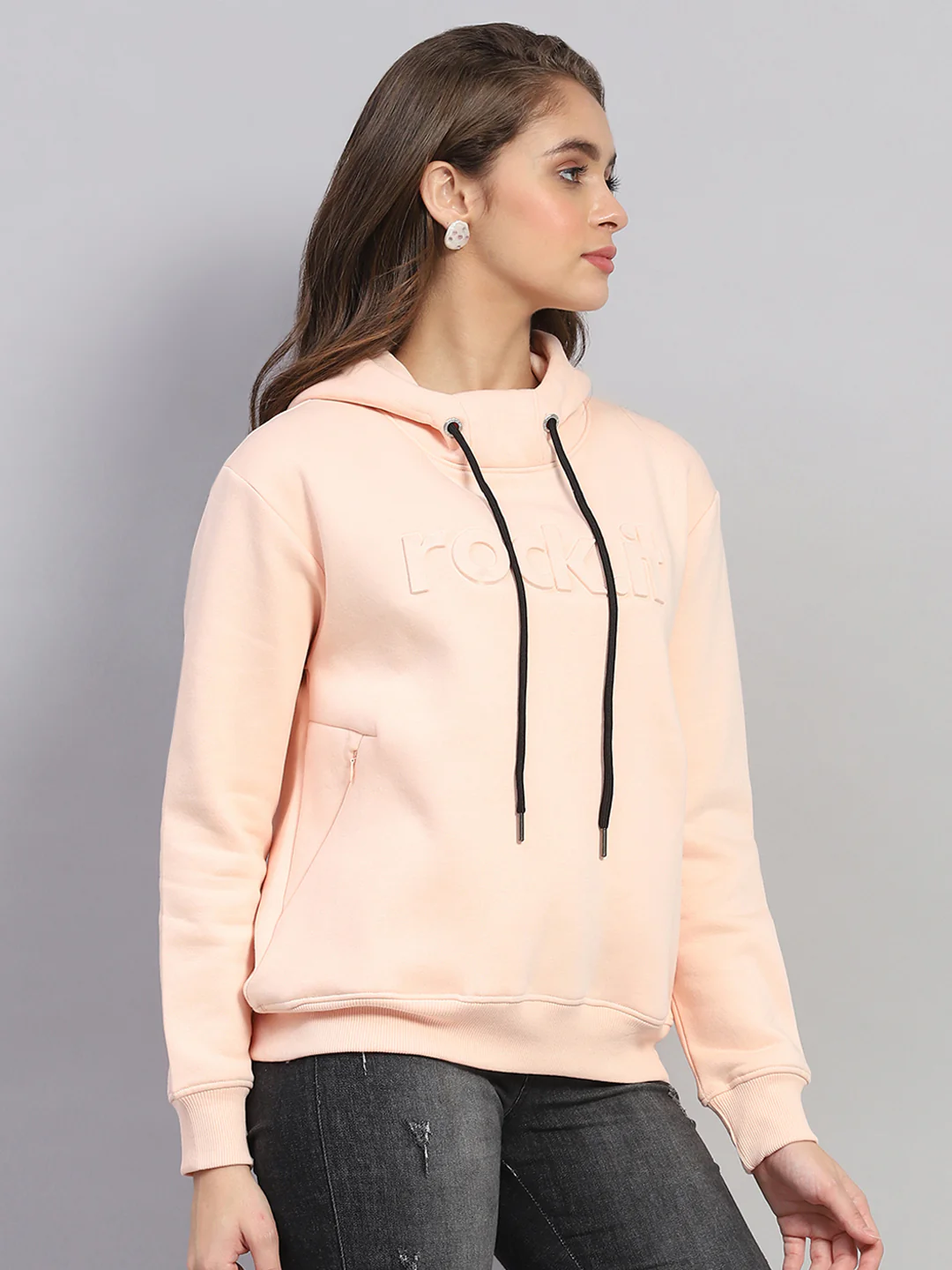Rock.it Women Peach Solid Hooded Full Sleeve Sweatshirt - Image 4
