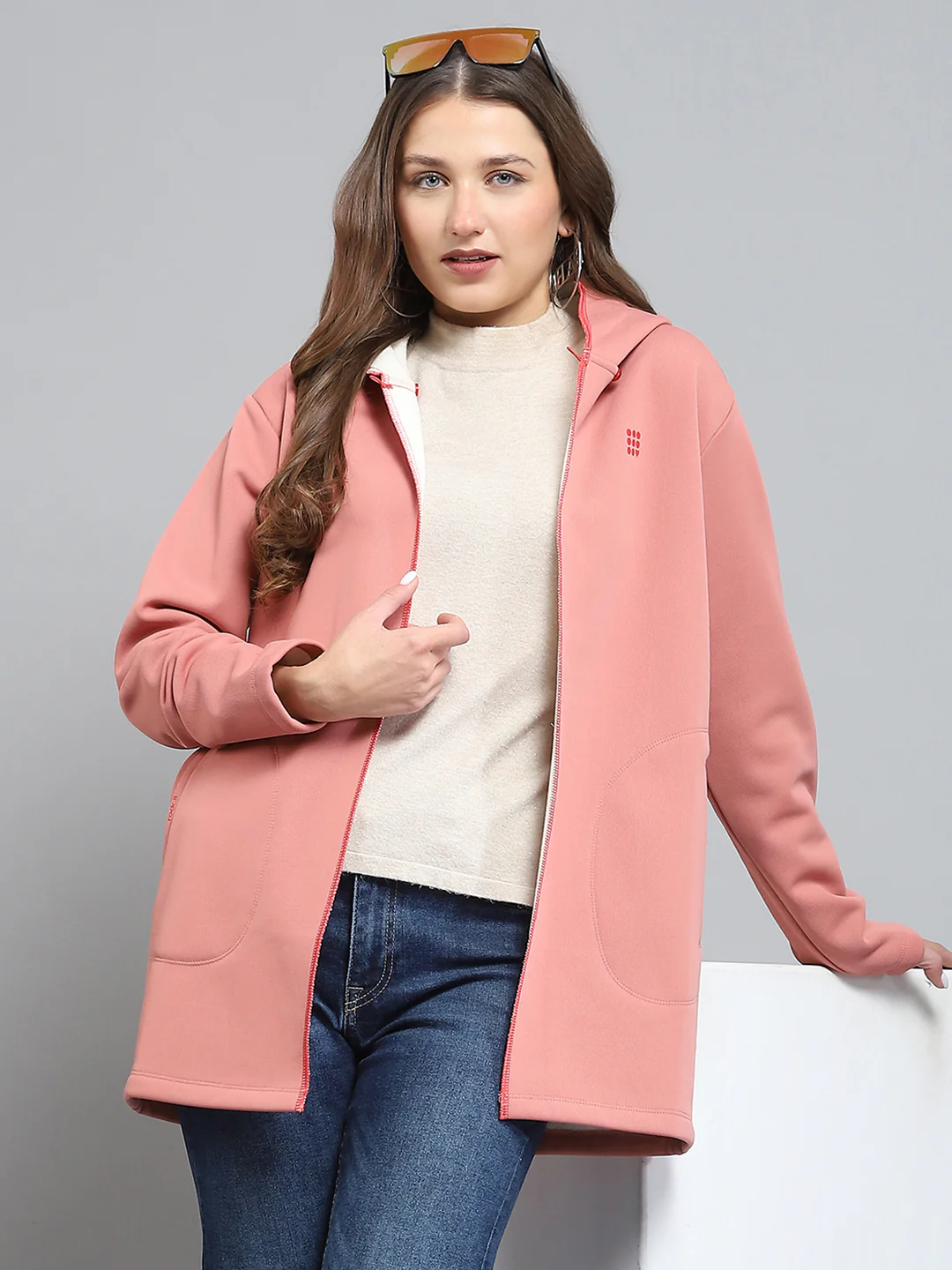 Rock.it Women Peach Solid Hooded Full Sleeve Sweatshirt - Image 6