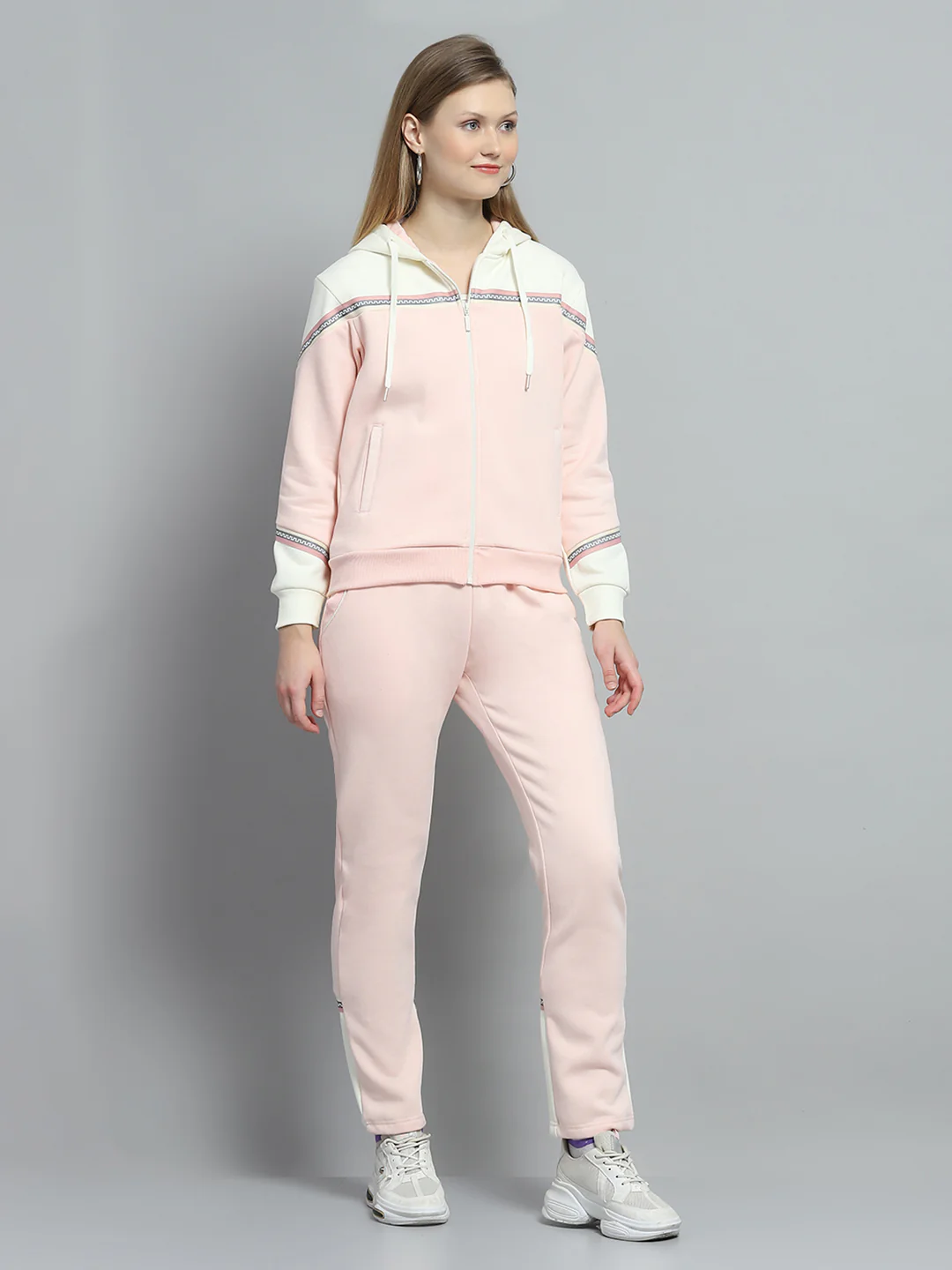 Women Peach Solid Hooded Full Sleeve Tracksuit - Image 4