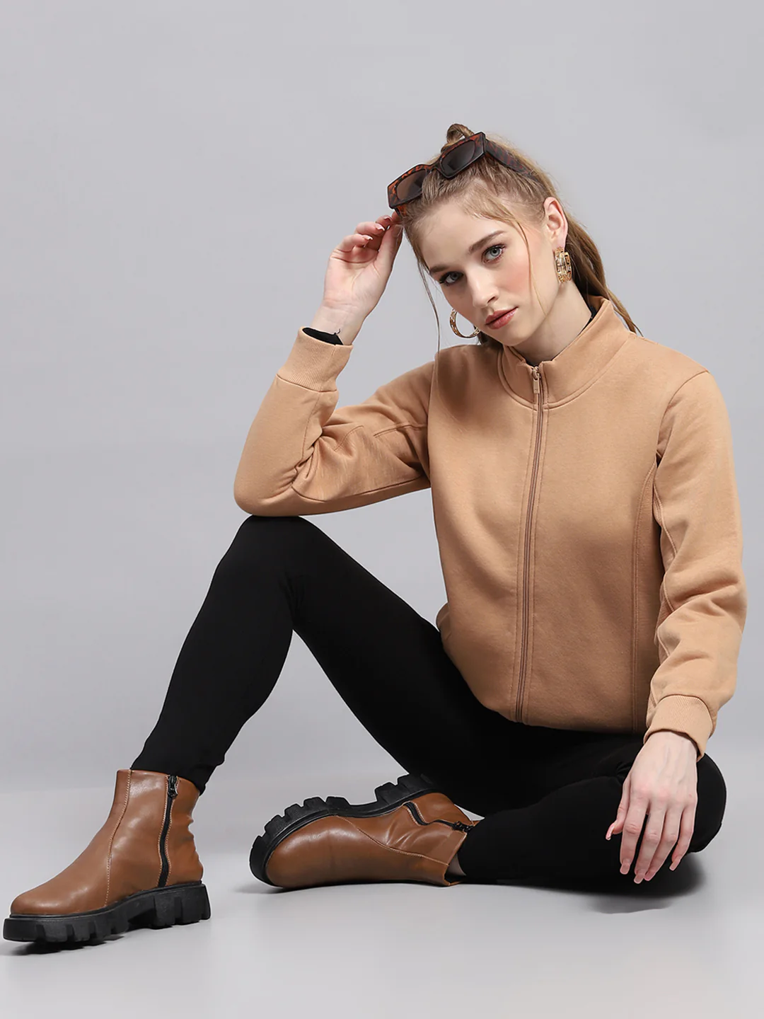 Women Peach Solid Mock Neck Full Sleeve Sweatshirt - Image 2