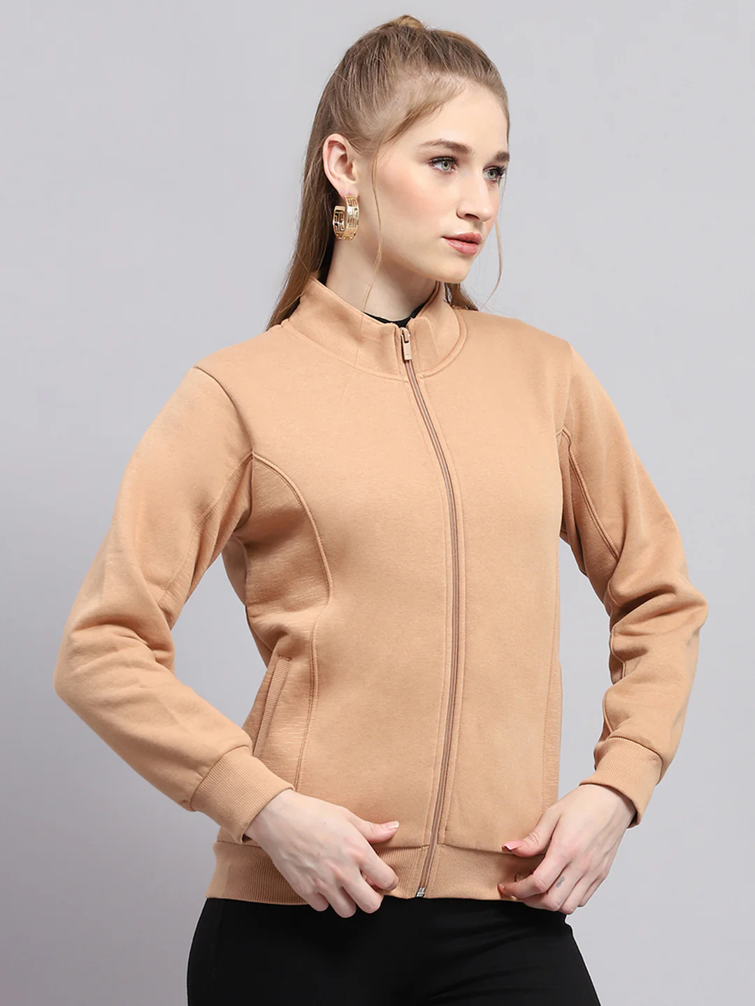 Women Peach Solid Mock Neck Full Sleeve Sweatshirt - Image 4