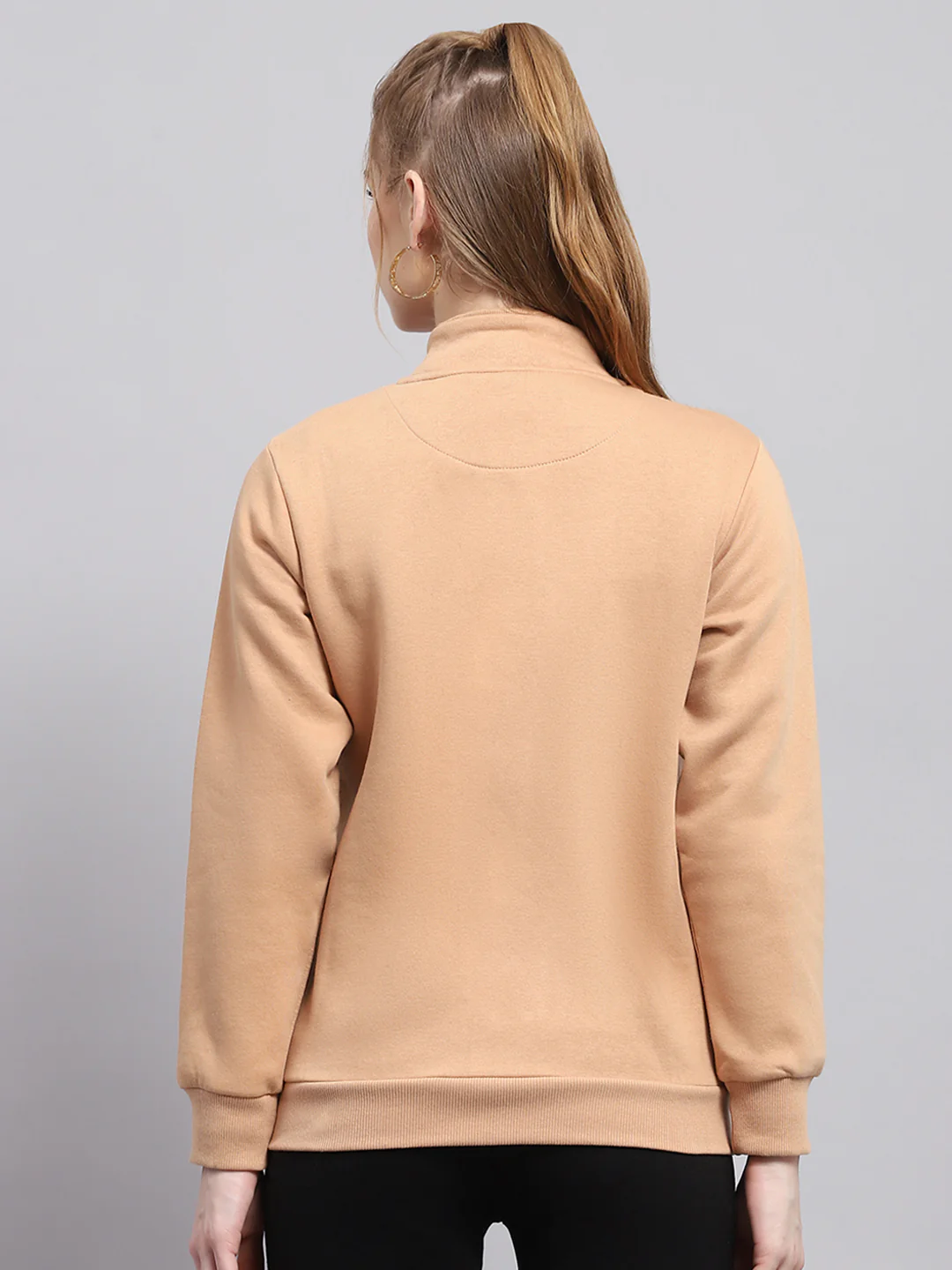 Women Peach Solid Mock Neck Full Sleeve Sweatshirt - Image 5