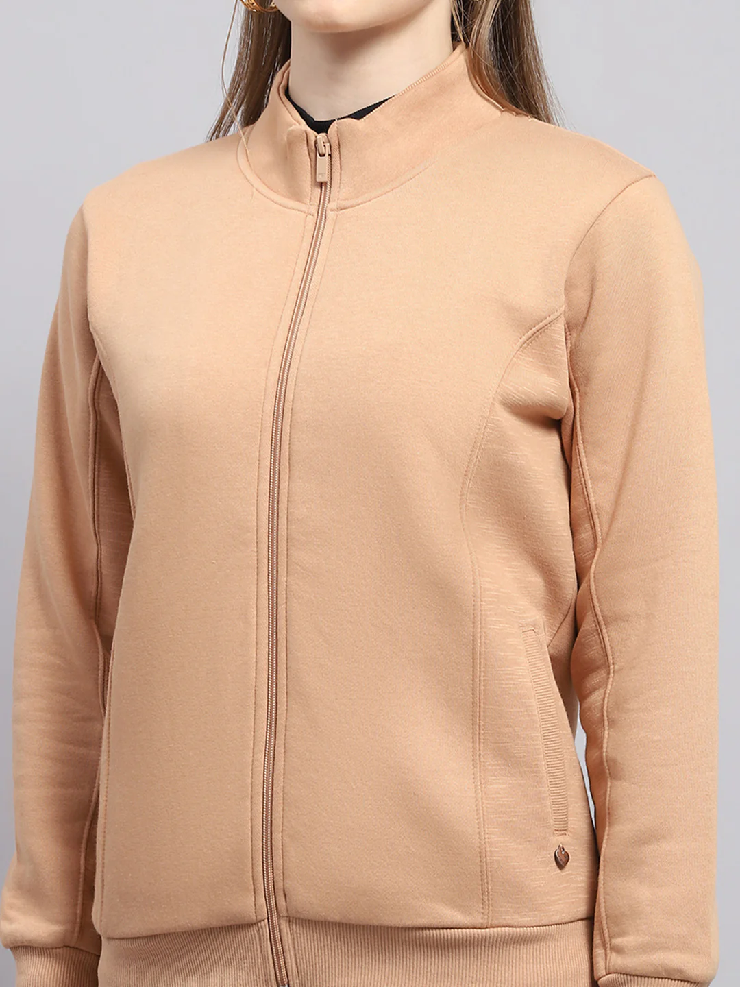 Women Peach Solid Mock Neck Full Sleeve Sweatshirt - Image 7