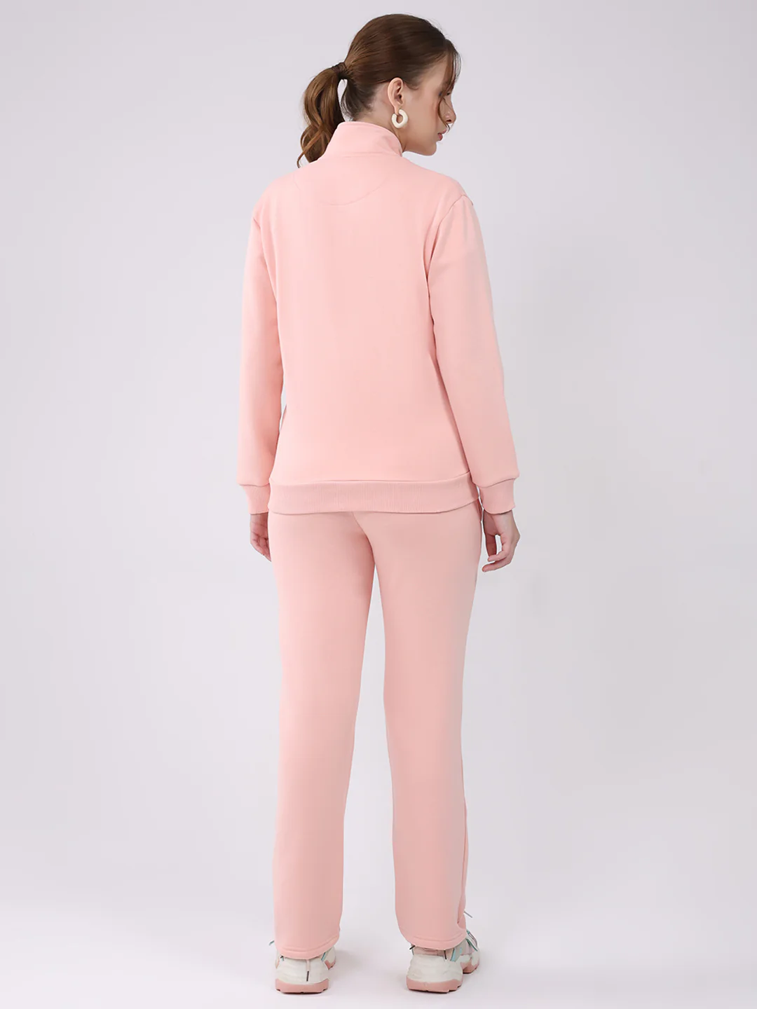 Women Peach Solid Mock Neck Full Sleeve Winter Tracksuit - Image 5