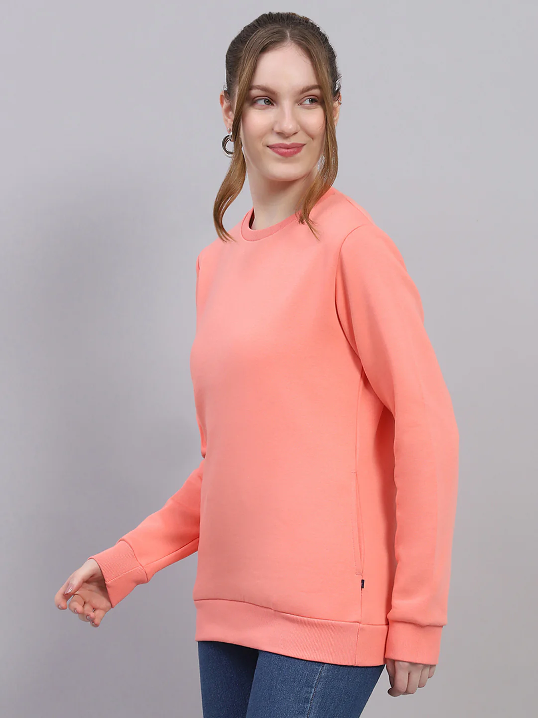 Women Peach Solid Round Neck Full Sleeve Sweatshirt - Image 3