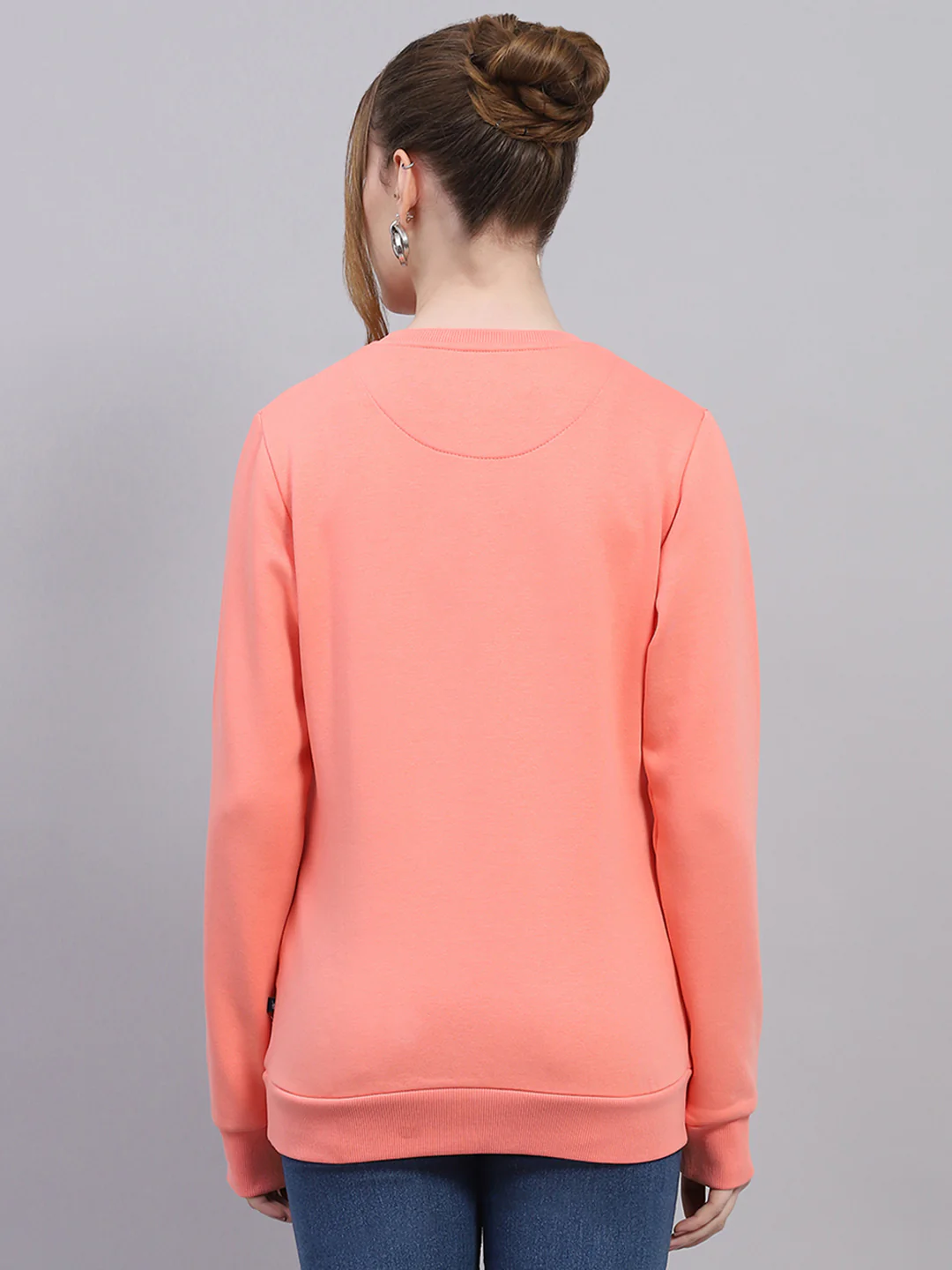 Women Peach Solid Round Neck Full Sleeve Sweatshirt - Image 5