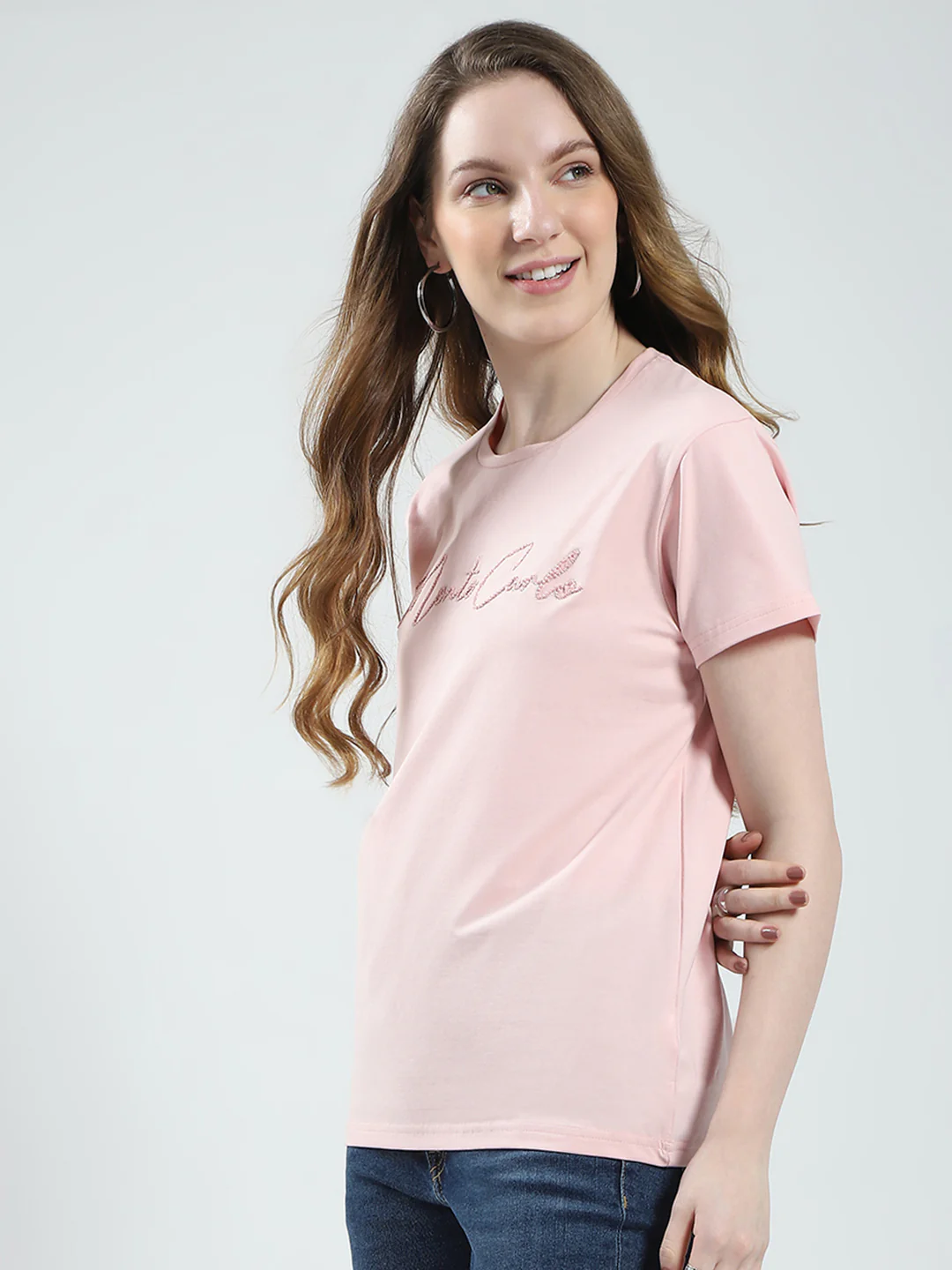 Women Peach Solid Round Neck Half Sleeve Top - Image 3