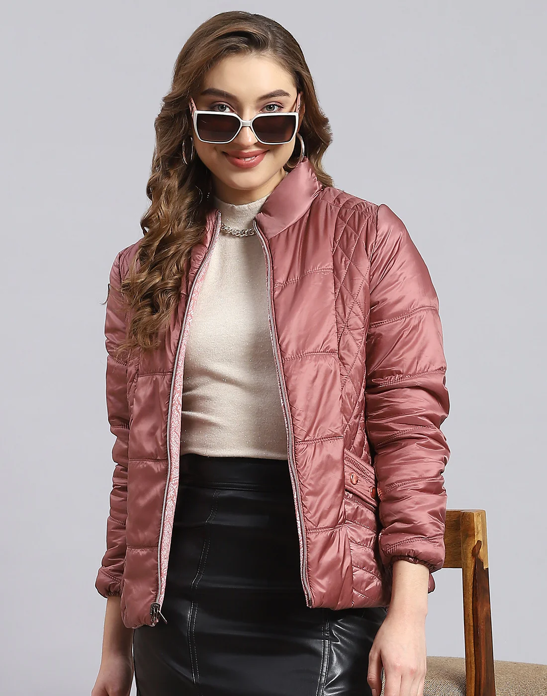 Women Peach Solid Stand Collar Full Sleeve Jacket - Image 6