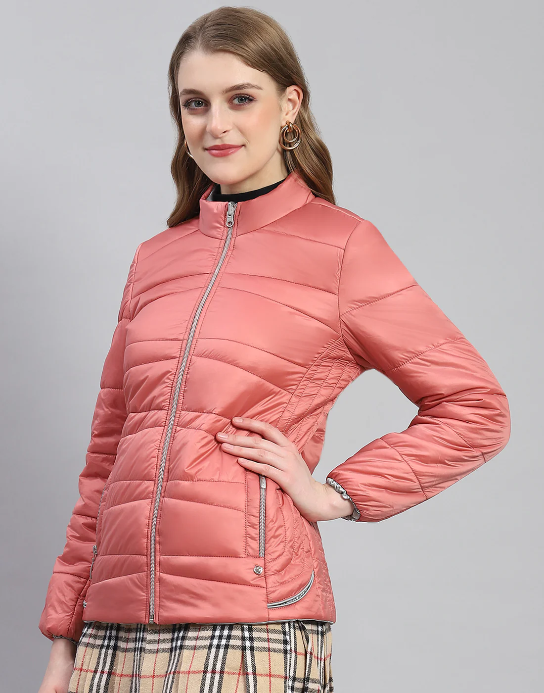 Women Peach Solid Stand Collar Full Sleeve Jacket - Image 4