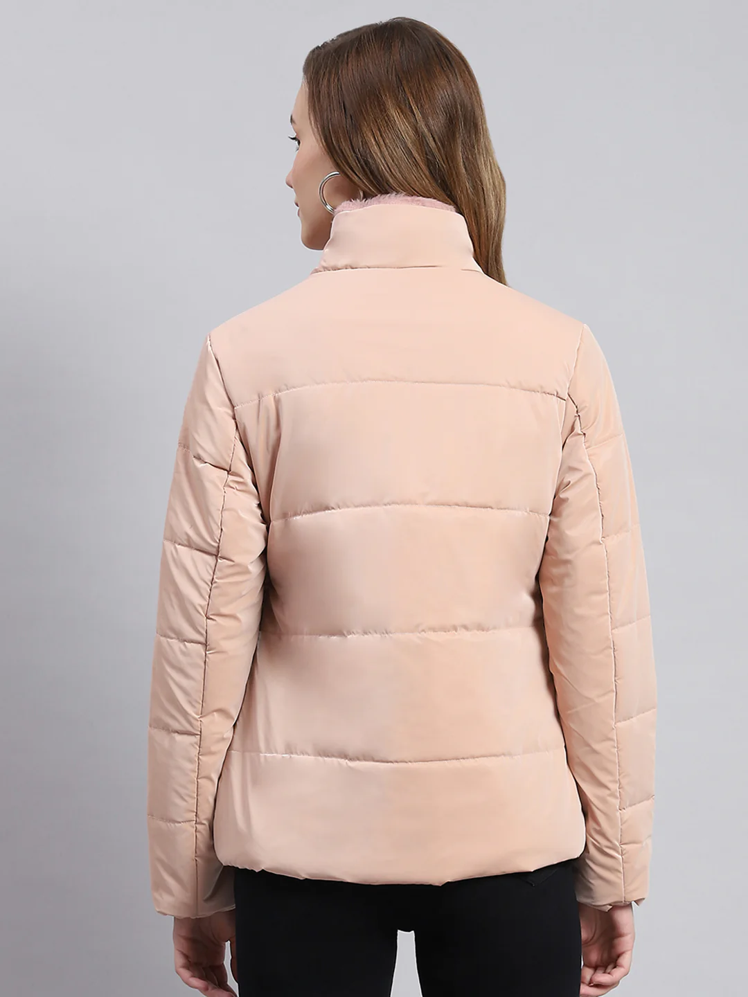 Women Peach Solid Stand Collar Full Sleeve Jackets - Image 5