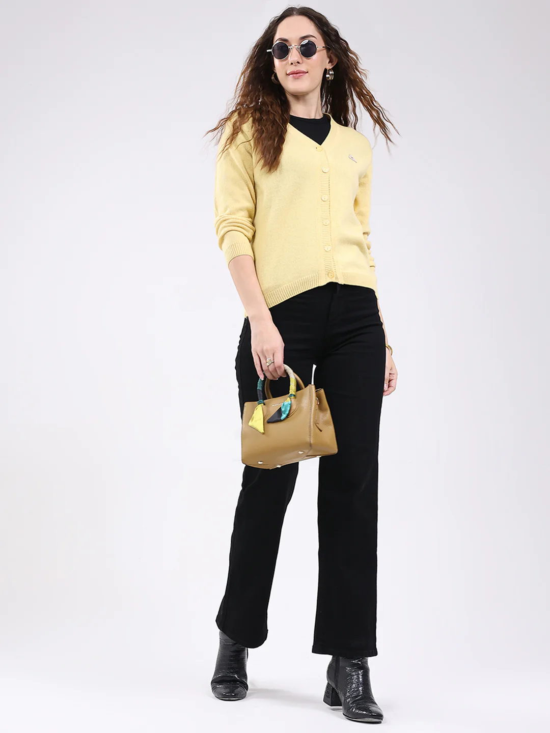Women Peach Solid V Neck Full Sleeve Cardigan - Image 2