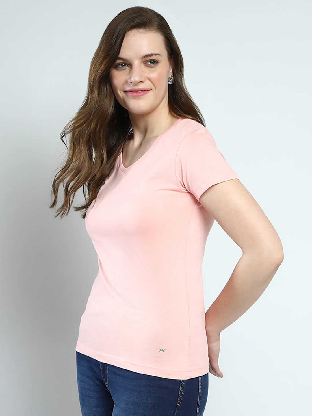 Women Peach Solid V Neck Half Sleeve Top - Image 3